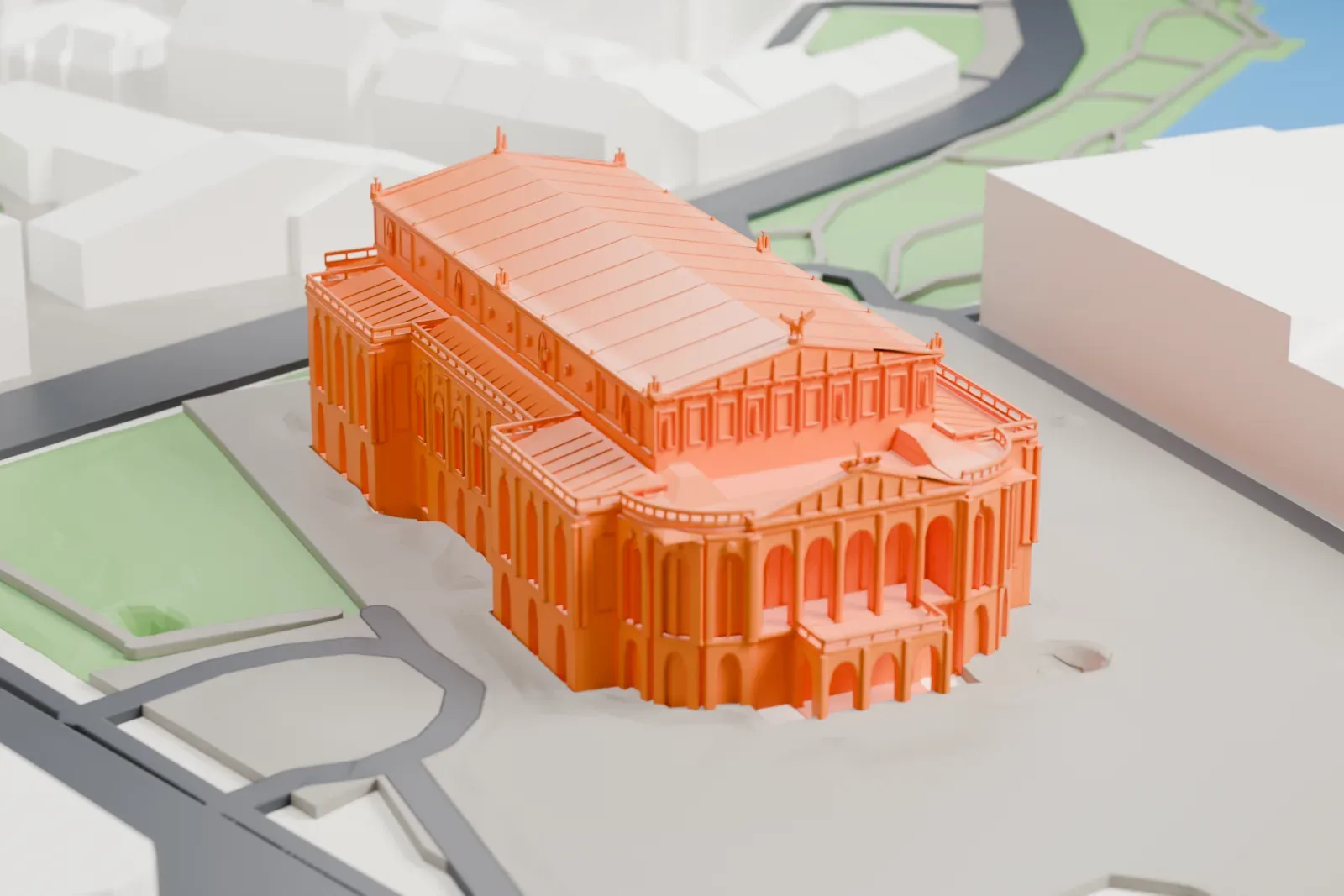 A white 3D print of the Alte Oper in Frankfurt, with Opernplatz and surrounding buildings.
