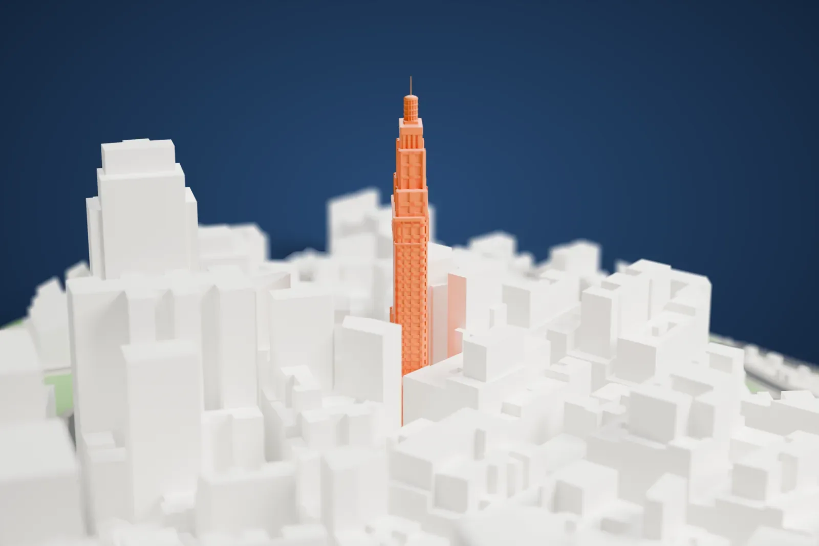 A white 3D print of the Altino Arantes Building, an Art Deco tower, rising above the surrounding buildings of central São Paulo.