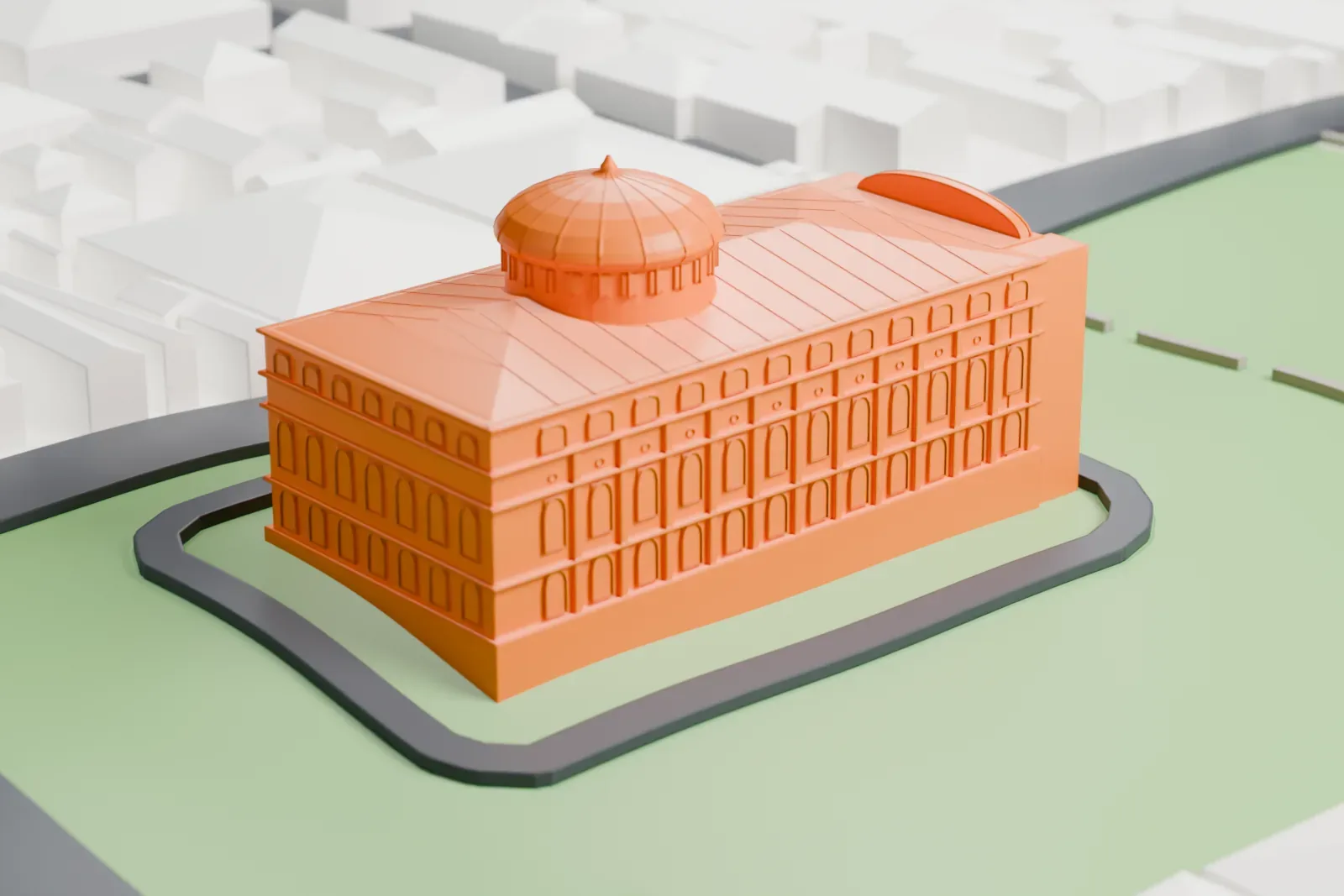 A white 3D print of the Amazon Theatre, a three-story opera house with a ribbed dome on a hipped roof, set in a green plot ringed by a road with city blocks beyond.