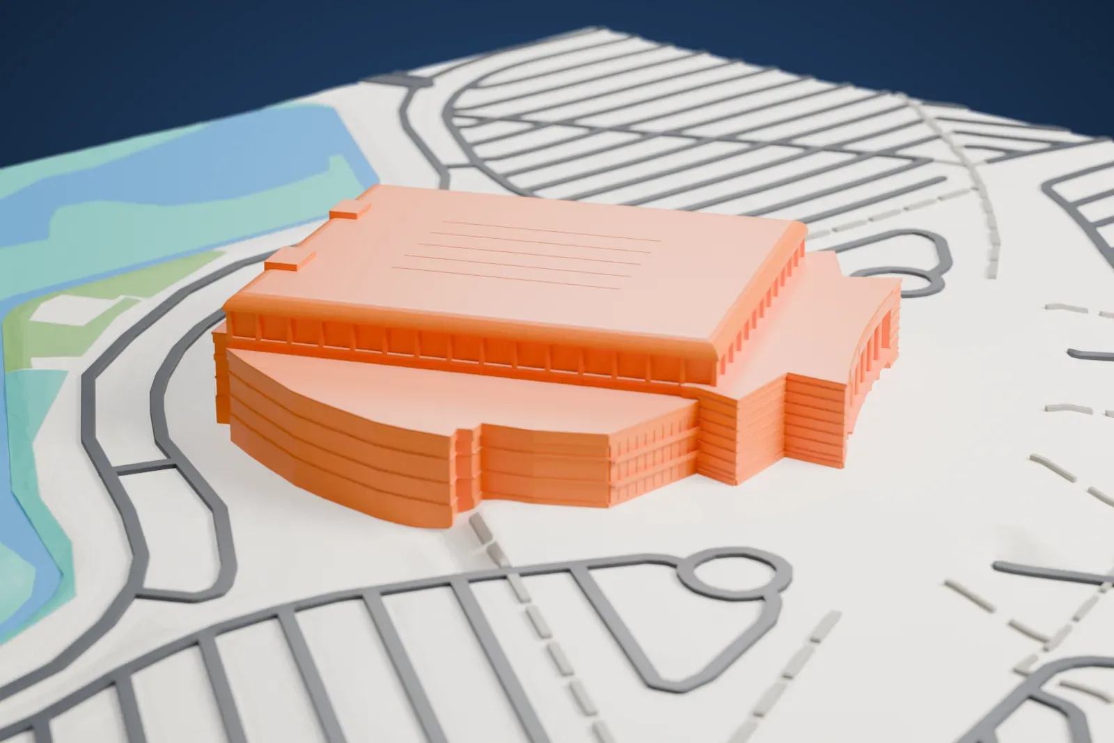 A white 3D print of Amerant Bank Arena, a tall rectangular arena with a shallow roof and a rounded concourse drum, on a flat site with streets and buildings around it.