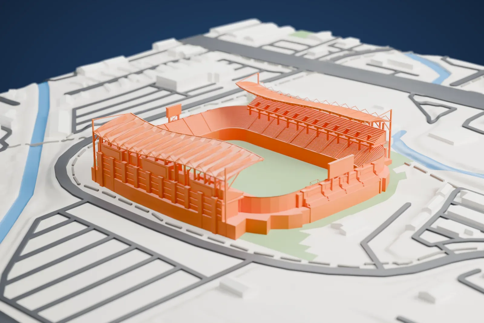 A white 3D print of America First Field, a soccer stadium with a wavy roof canopy and tall slim masts, surrounded by curving roads, open ground and small streams.