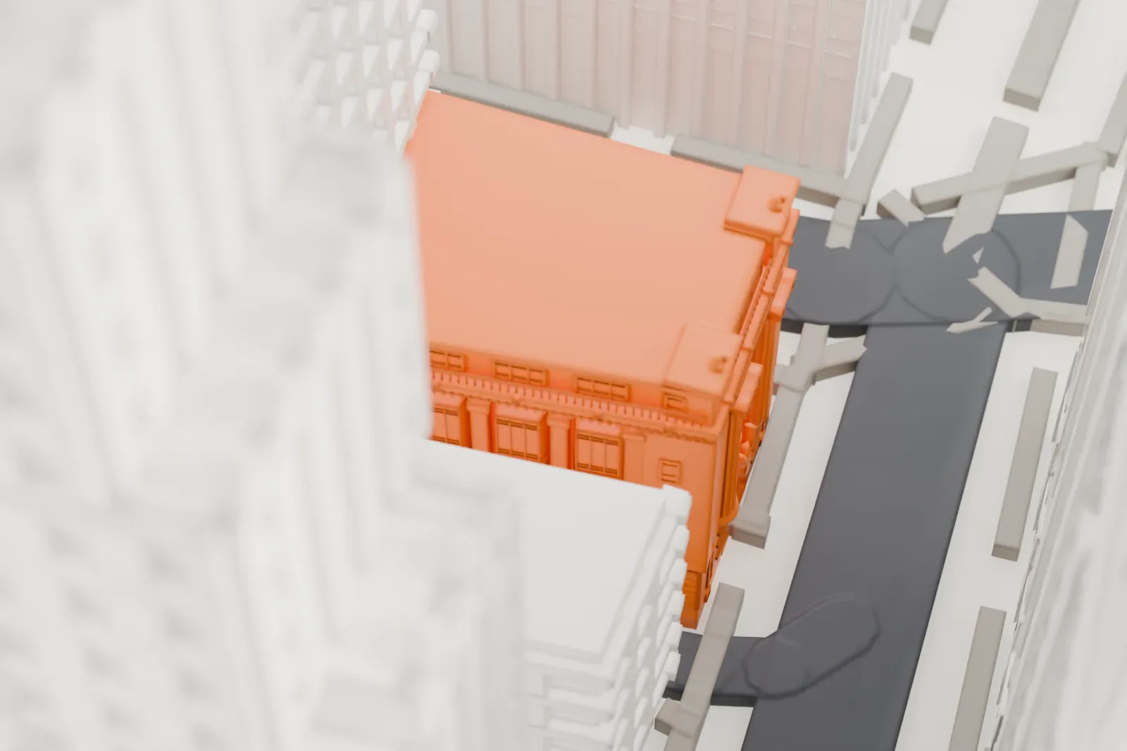 A white 3D print of the American Bank Note Company Building, a low, narrow building almost hidden among much taller towers in a dense cluster of buildings and streets.