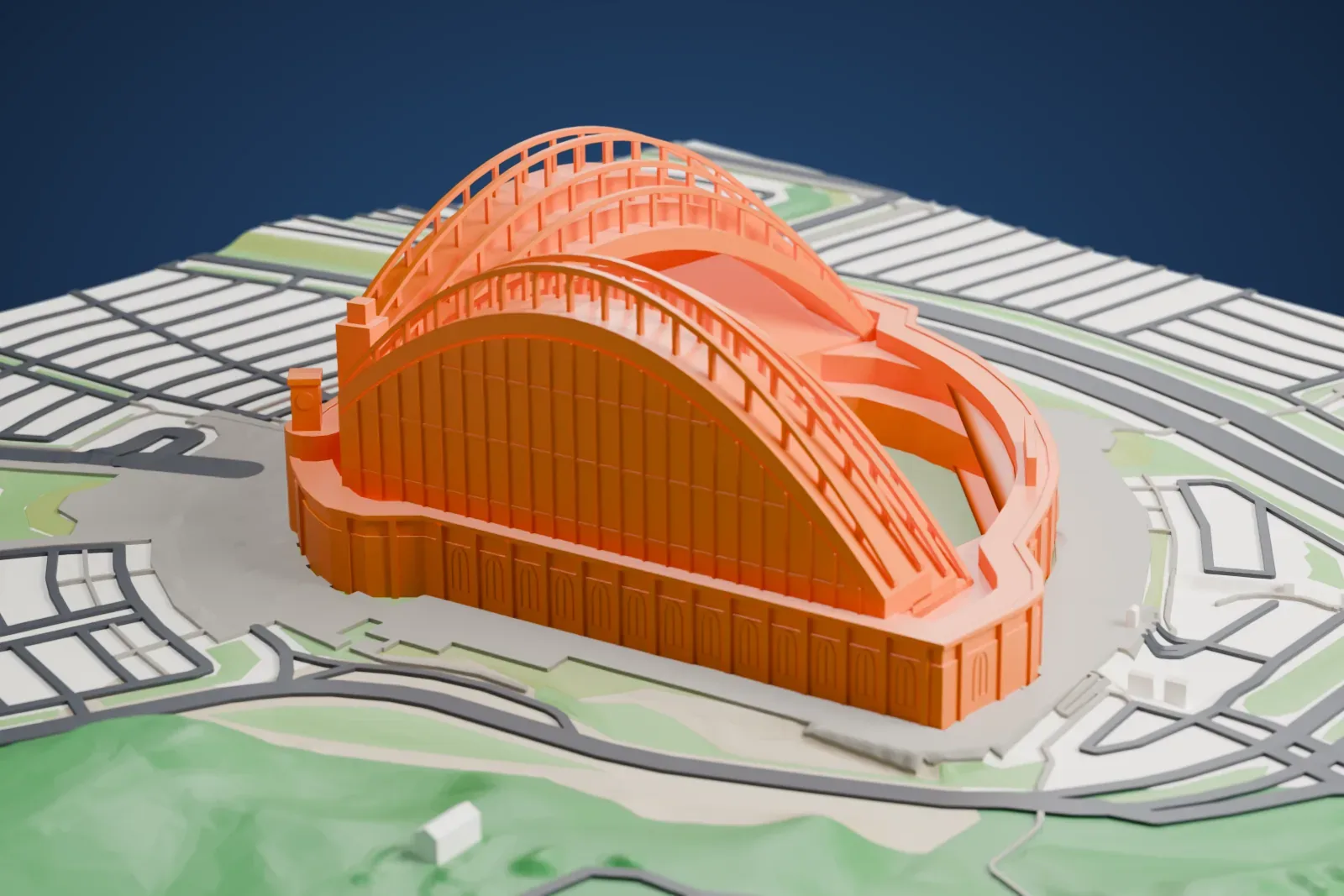 A white 3D print of American Family Field, its arched fan roof over the stadium bowl, standing among the surrounding streets and green space of Milwaukee.