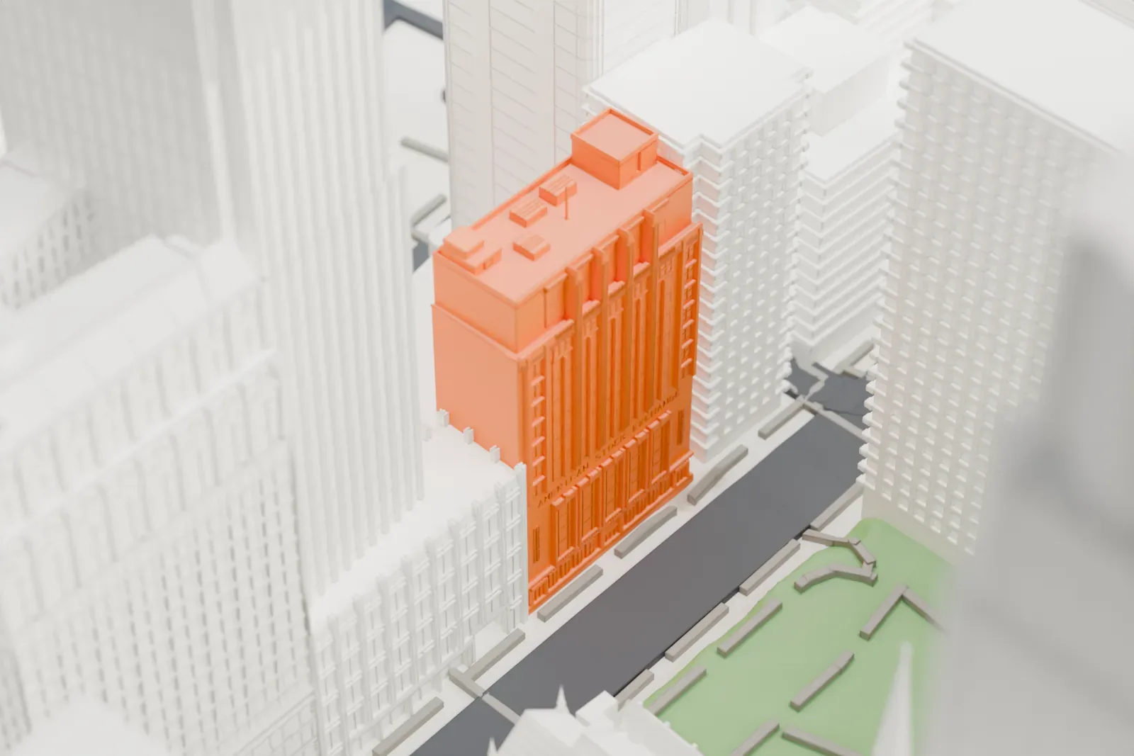 A white 3D print of the American Stock Exchange Building, a stone block mostly hidden among the tall towers of Lower Manhattan.
