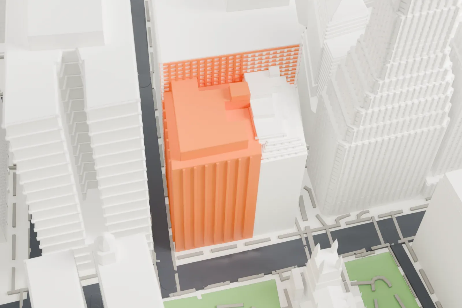A white 3D print of the American Surety Building, a small stepped, ornamented tower mostly hidden among much taller buildings.