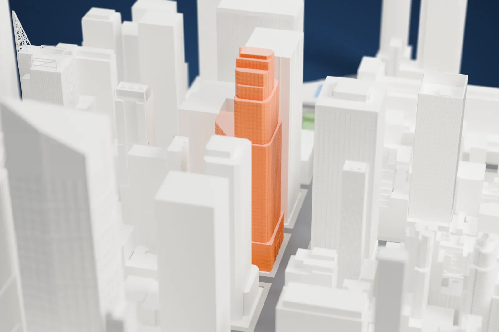 A white 3D print of the Americas Tower with its stepped crown amid a dense cluster of tall buildings.