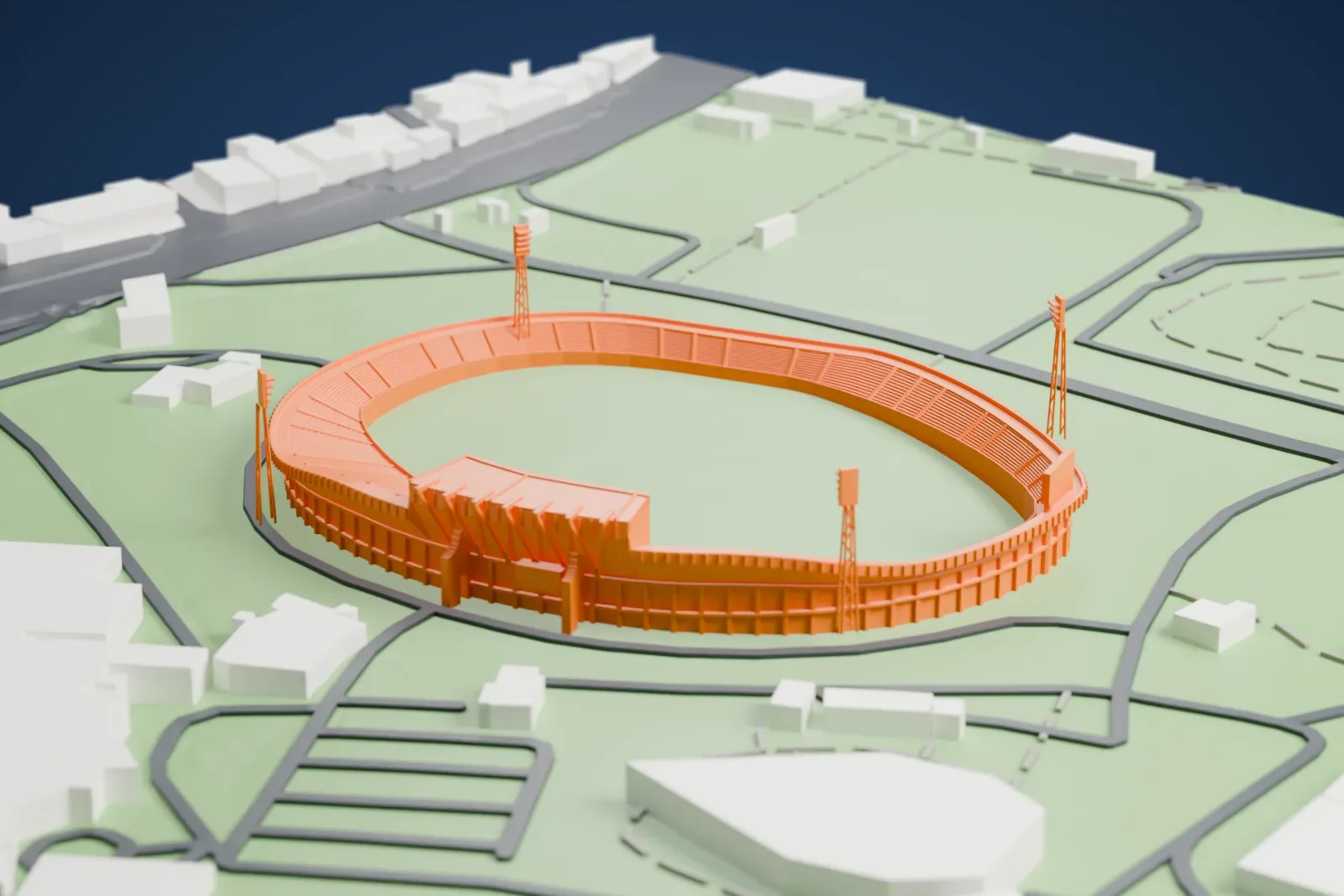A white 3D print of Amman International Stadium, an oval concrete bowl with a roofed west stand and four floodlight towers, among streets and buildings.