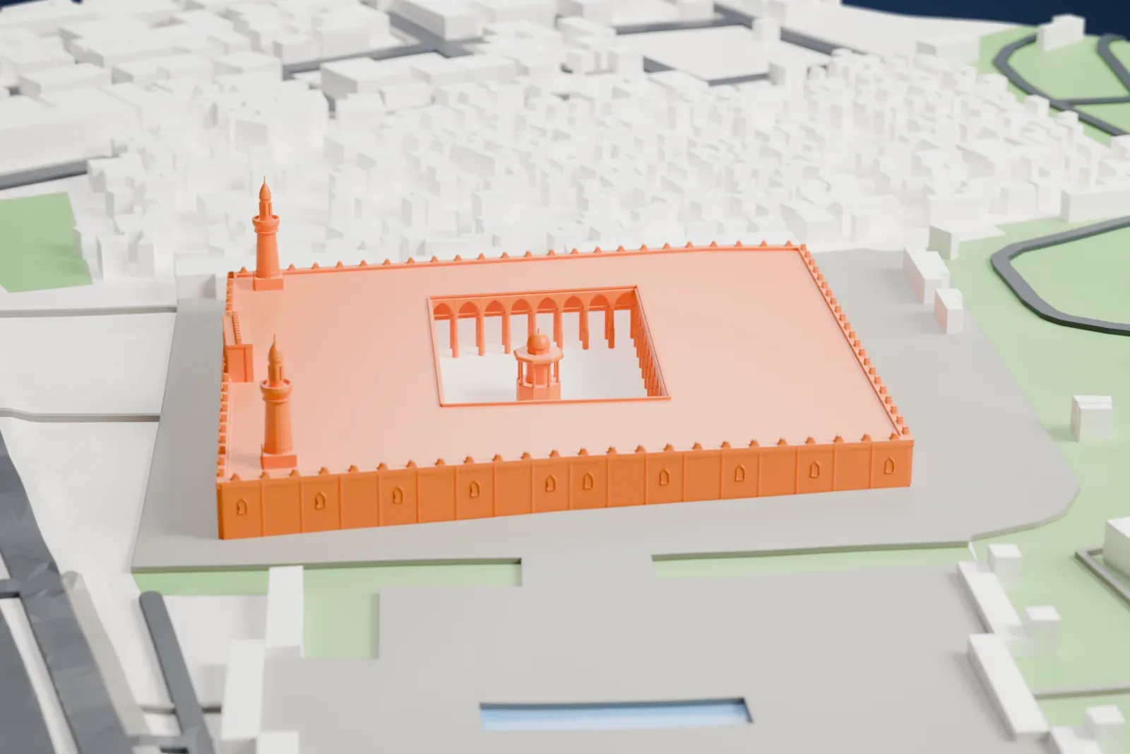 A white 3D print of the Amr ibn al-As Mosque among the buildings of Old Cairo, with its minarets rising above the surrounding city.