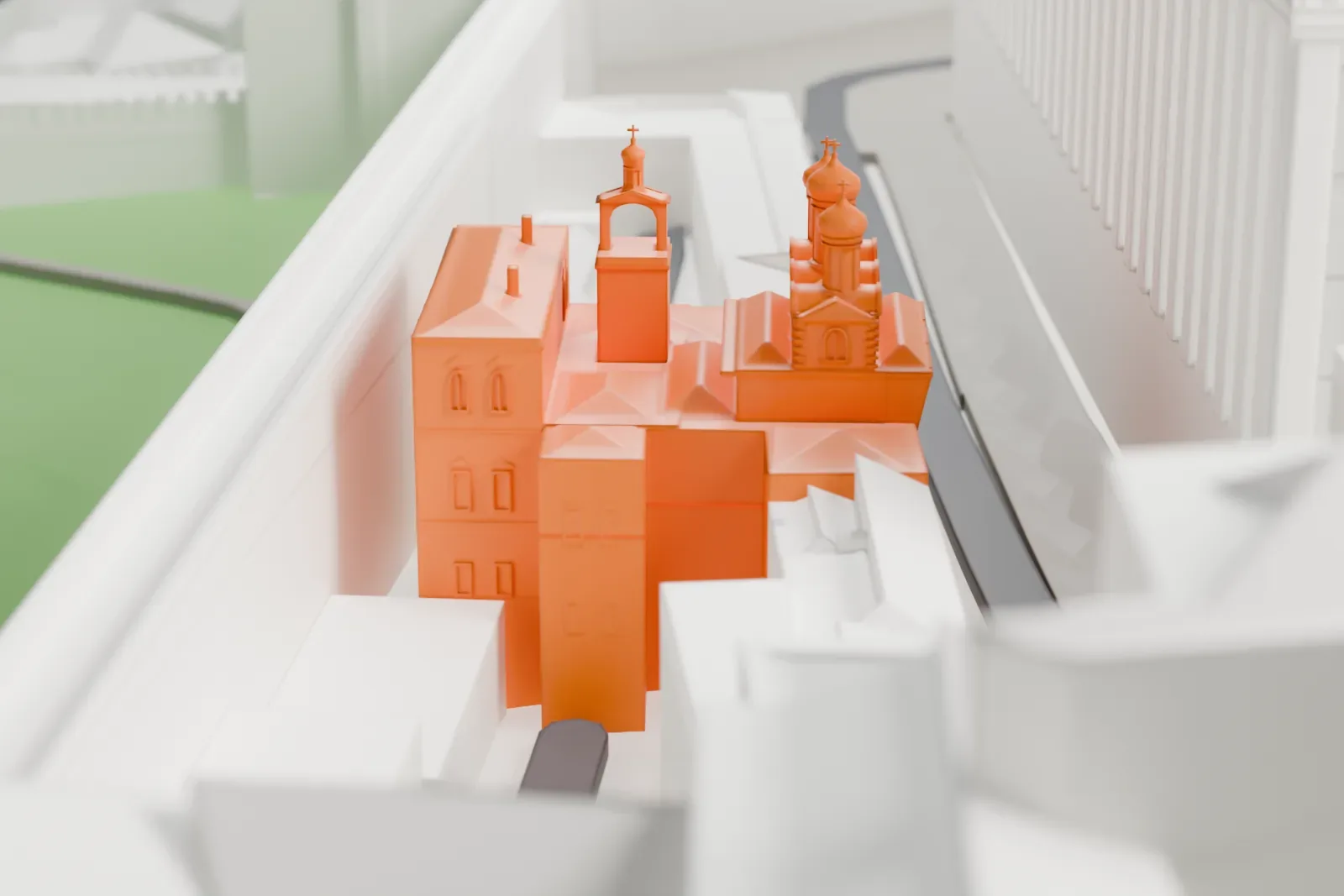 A white 3D print of the Amusement Palace, its compact bulk set against the Kremlin wall with towers and buildings around it.