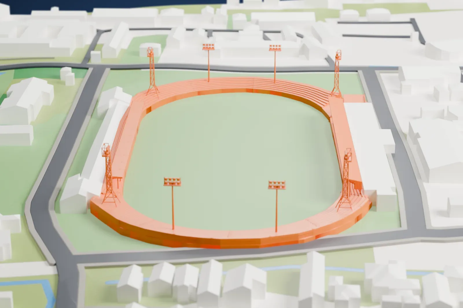 A white 3D print of André Kamperveen Stadion, an oval running track and pitch with lattice floodlight towers and a long roofed stand, set among streets, low buildings and green ground.