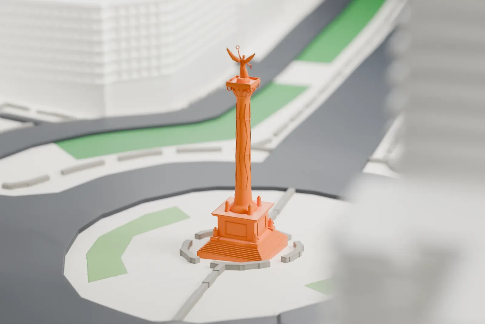 A white 3D print of the Ángel de la Independencia, a tall slim column topped by a winged figure on a stepped base, standing in a roundabout among wide roads and tall buildings.