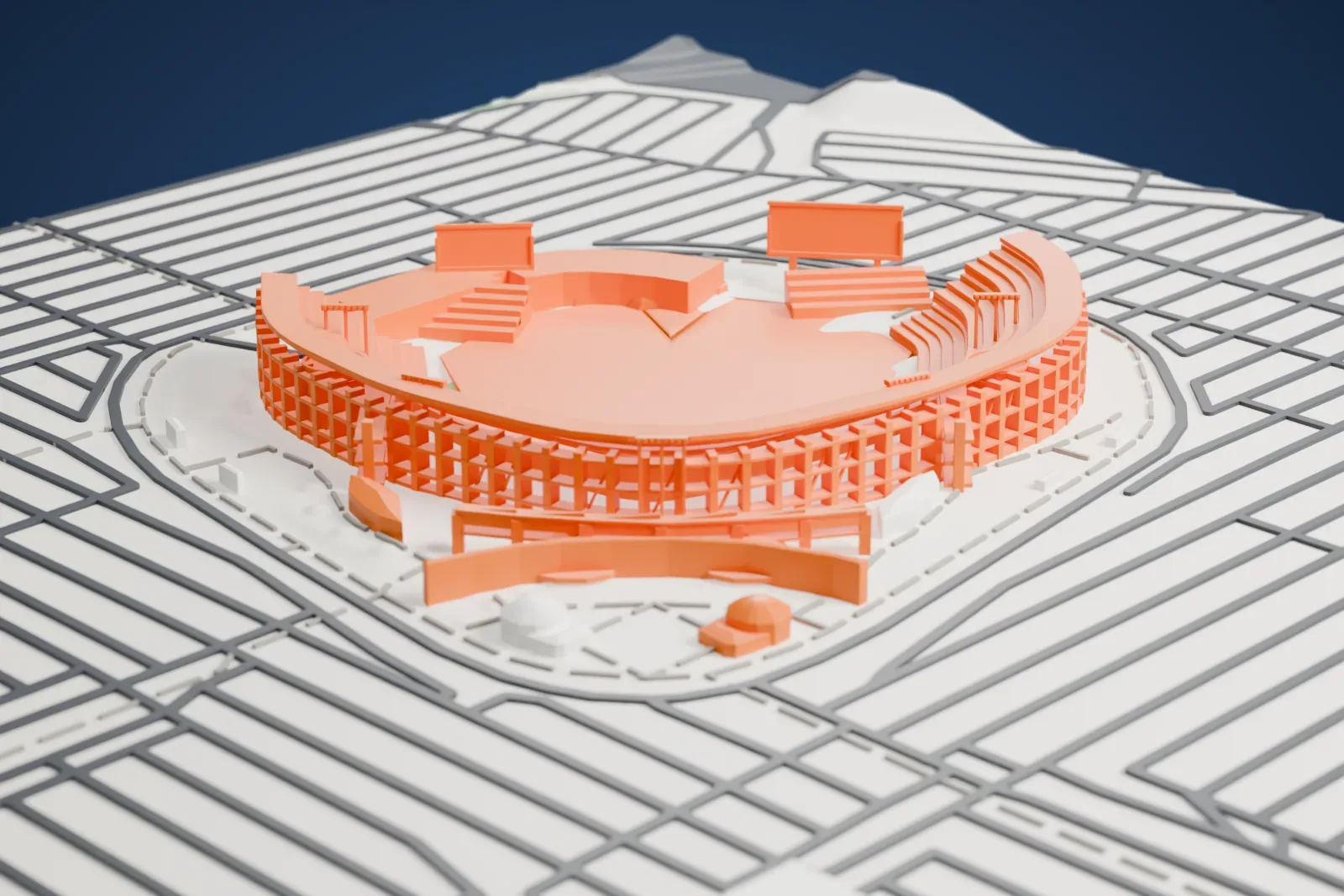 A white 3D print of Angel Stadium, an open ballpark with curved tiered stands and large scoreboards, surrounded by a grid of streets.