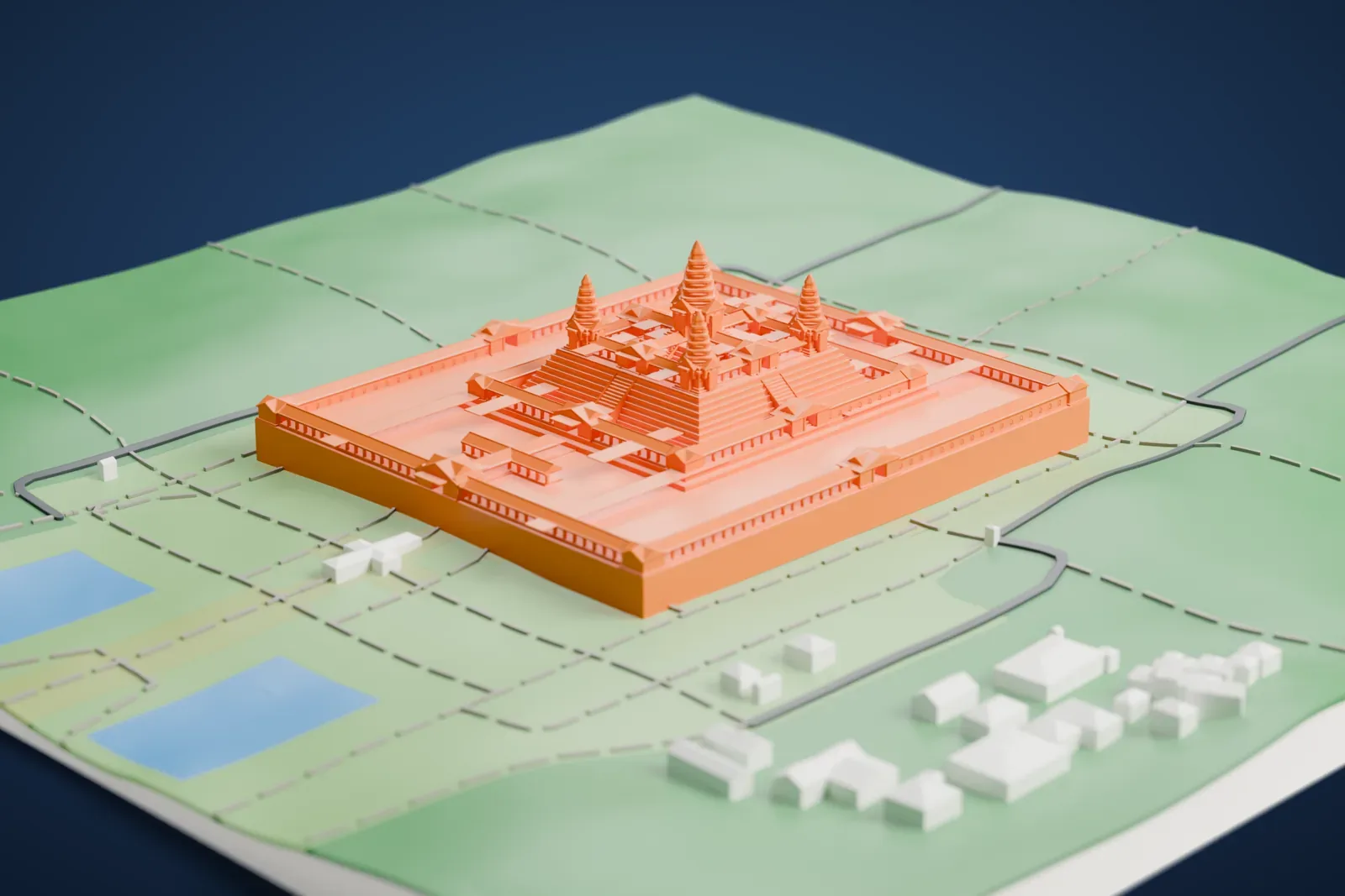 A white 3D print of Angkor Wat, a wide stepped temple with five tapering towers inside a rectangular wall, surrounded by green ground, ponds, paths and a few small buildings.