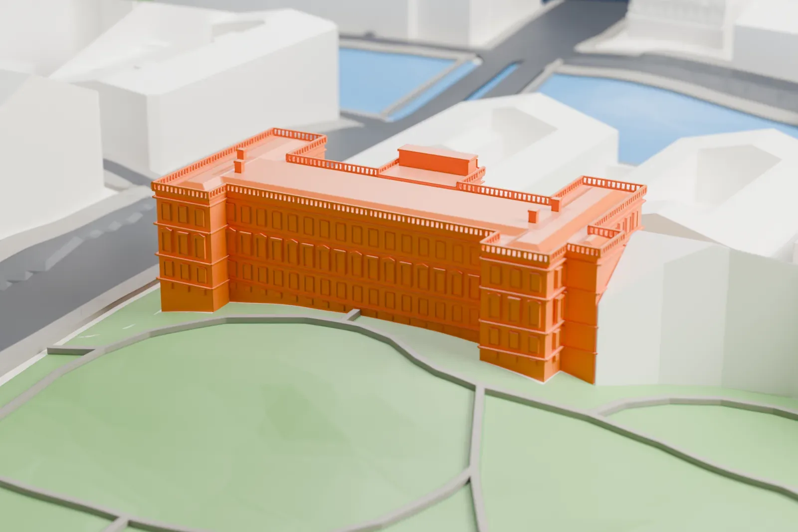 A white 3D print of the Anichkov Palace, a Baroque palace block, among the surrounding streets and buildings of Saint Petersburg.