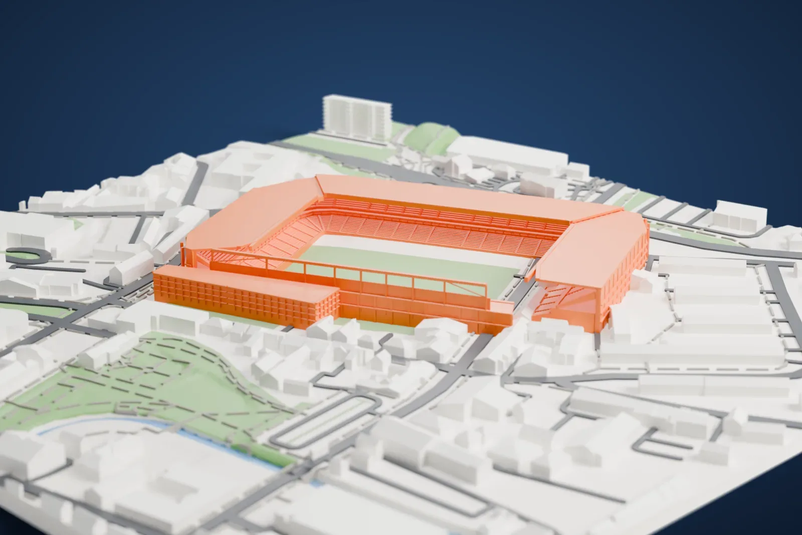 A white 3D print of Anton Malatinský Stadium, a closed rectangular ground with flat roof plates and a steel light frame, ringed by streets and buildings.