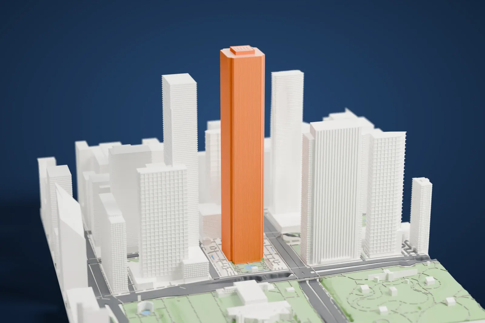 A white 3D print of the Aon Center, a very tall, slim skyscraper with fine vertical ribs, standing among other towers of downtown Chicago with parkland and roads at the edge.