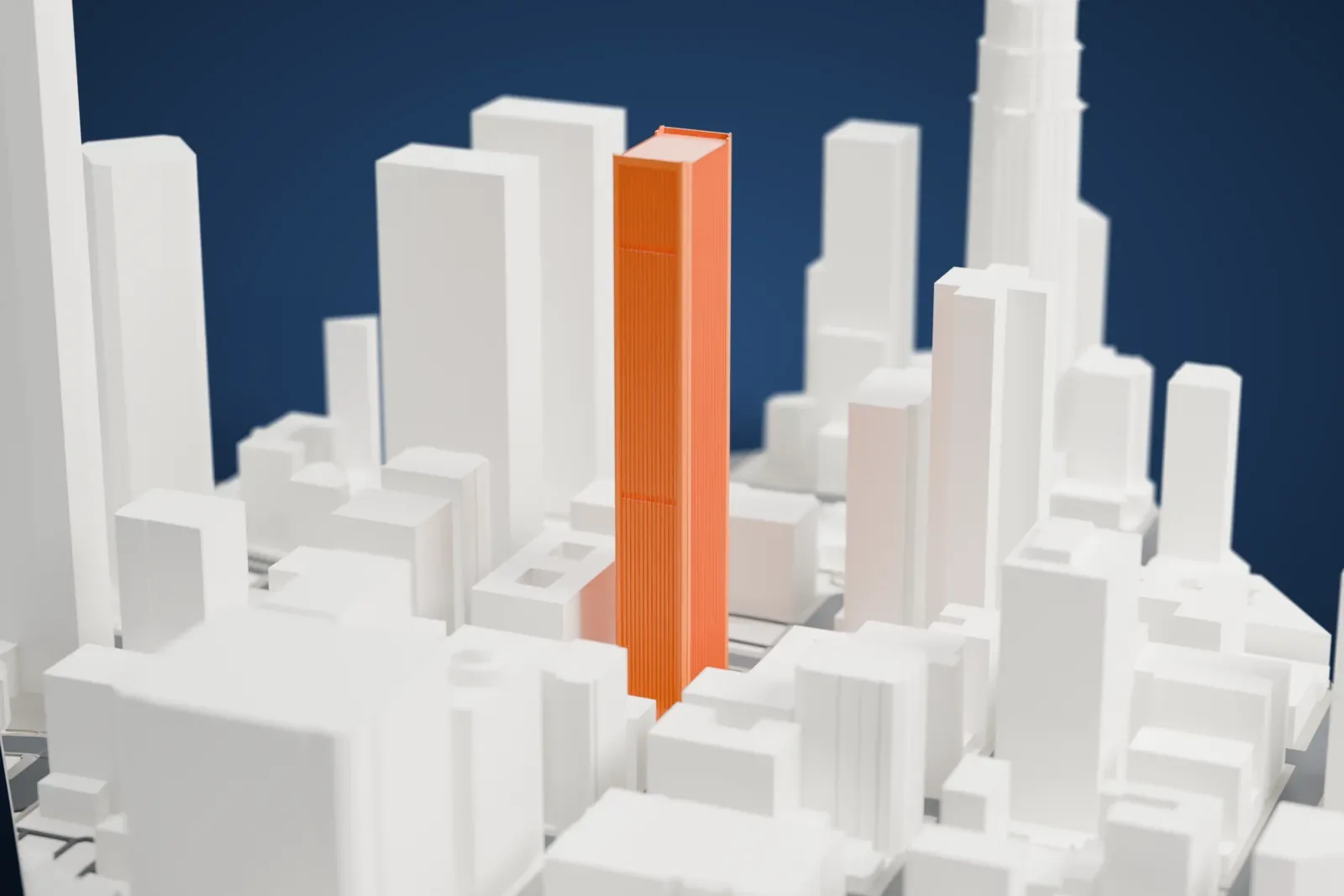 A white 3D print of the Aon Center, its slender rectangular tower rising among the buildings of downtown Los Angeles.
