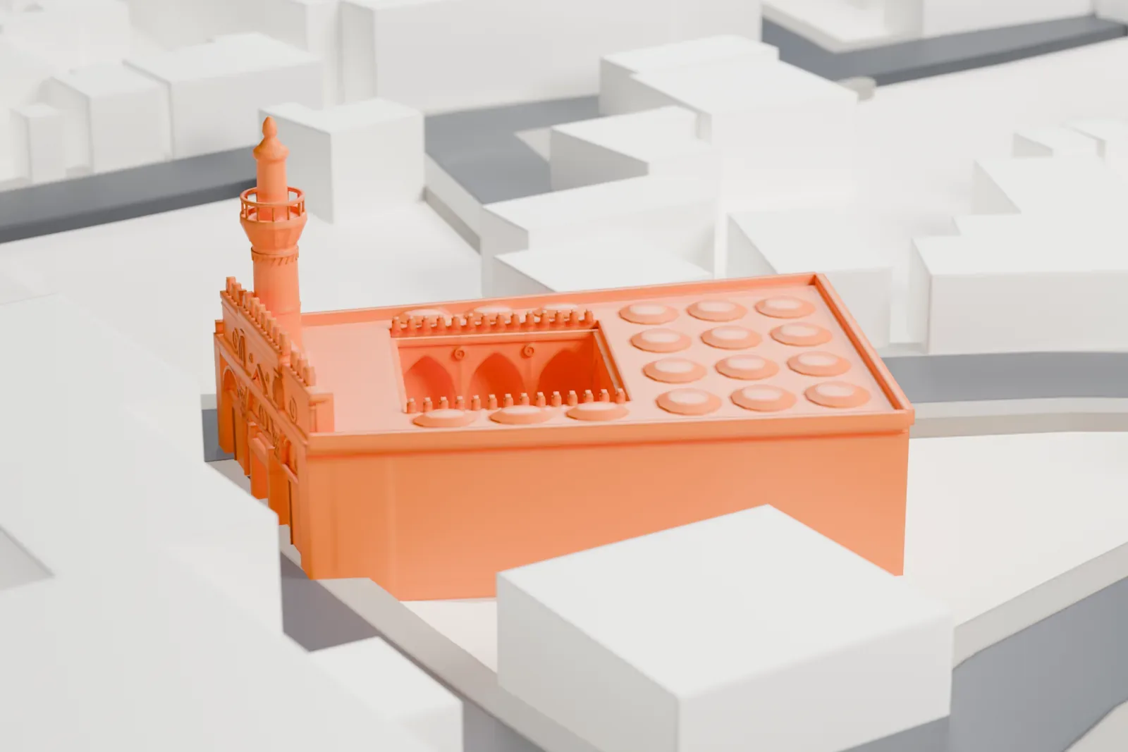 A white 3D print of the Aqmar Mosque, a small mosque, among the buildings of Cairo.