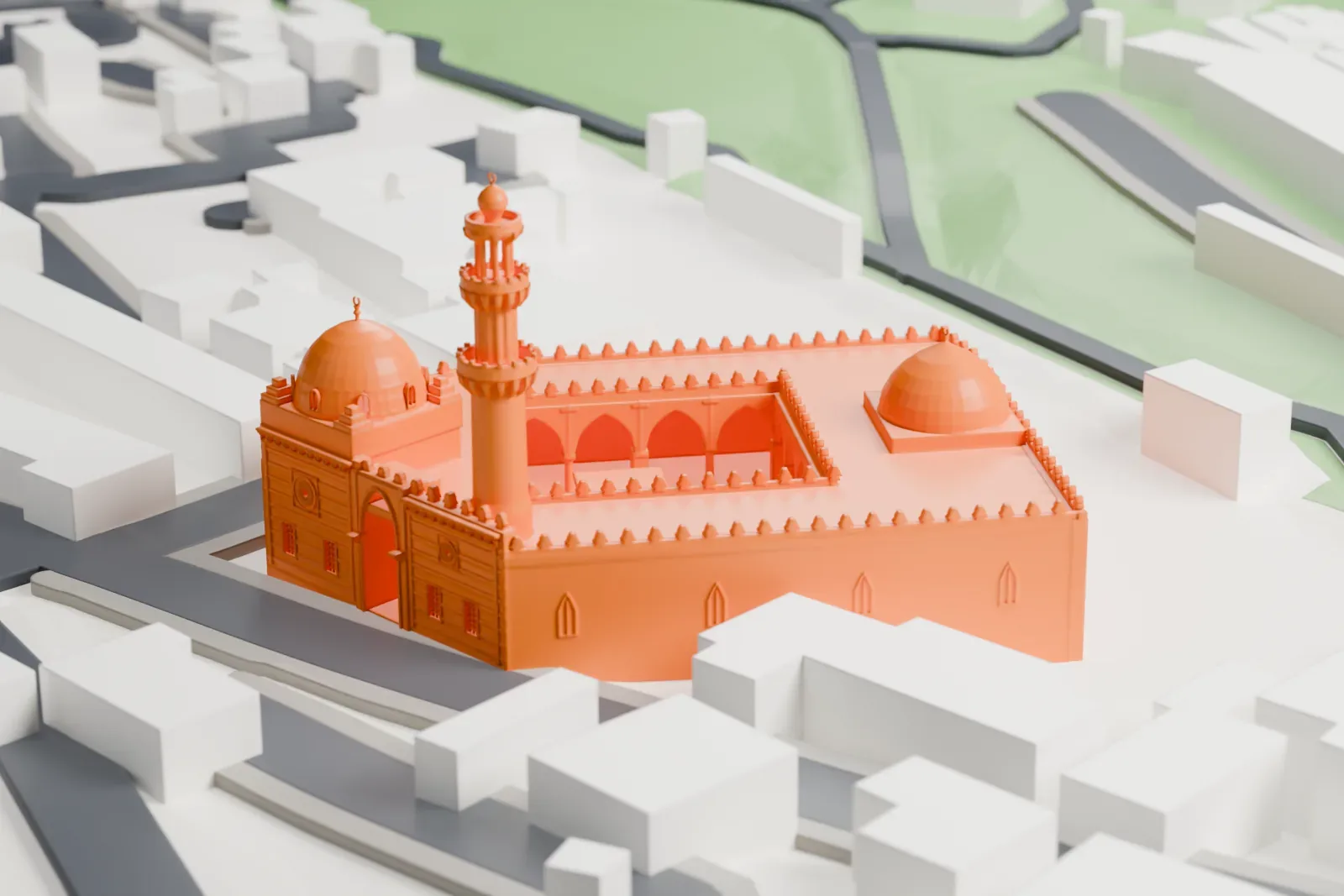 A white 3D print of the Aqsunqur Mosque in Islamic Cairo, among the surrounding buildings.