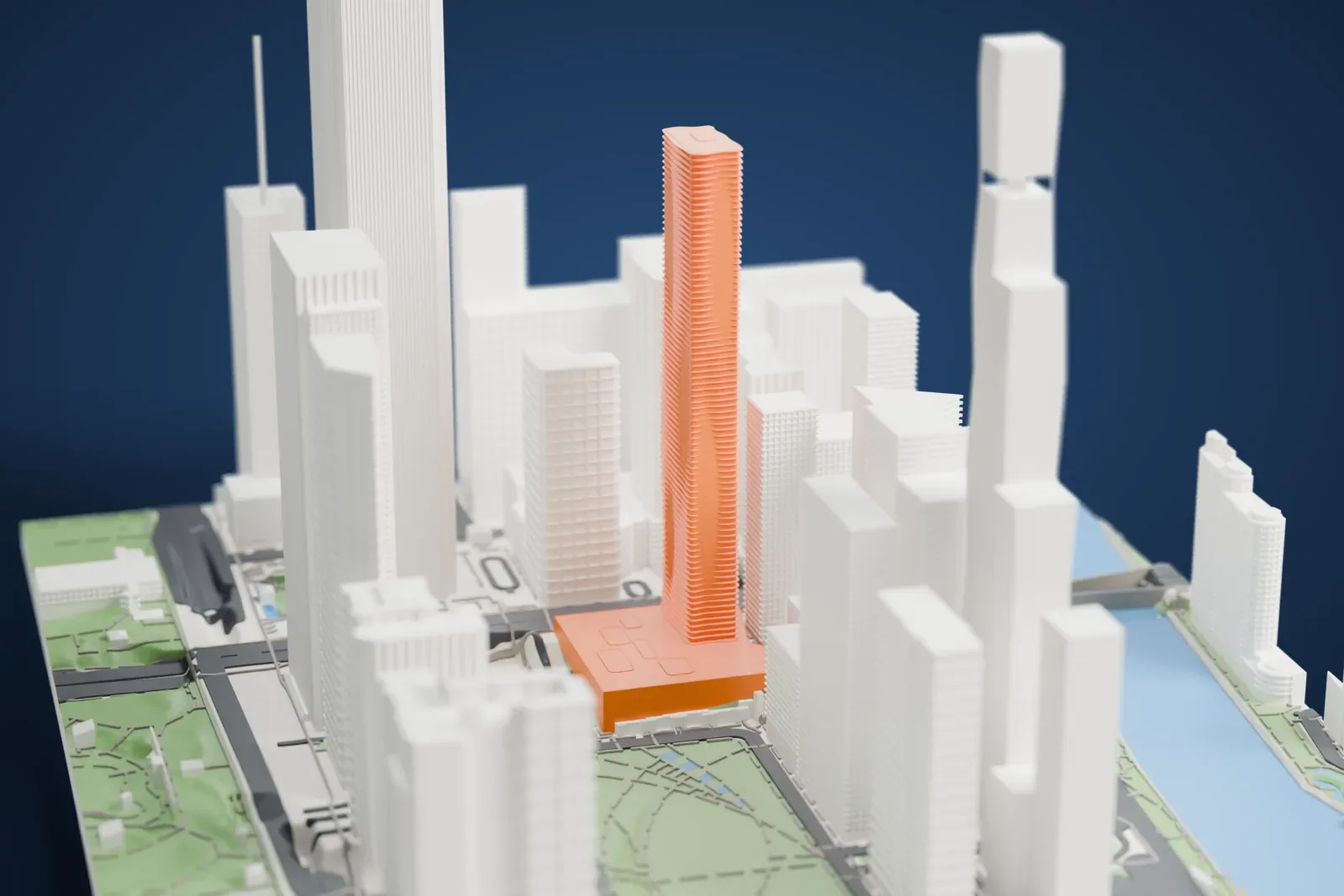 A white 3D print of the Aqua Tower, a tall slender tower with wavy, layered floor edges rising from a wide lower base, surrounded by other tall buildings with water and green space nearby.