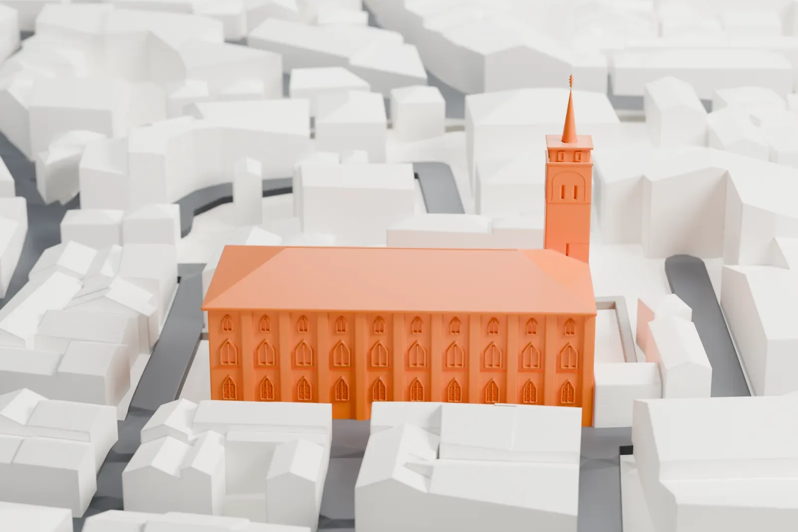 A white 3D print of the Arap Mosque among the surrounding streets and buildings of Karaköy in Istanbul.