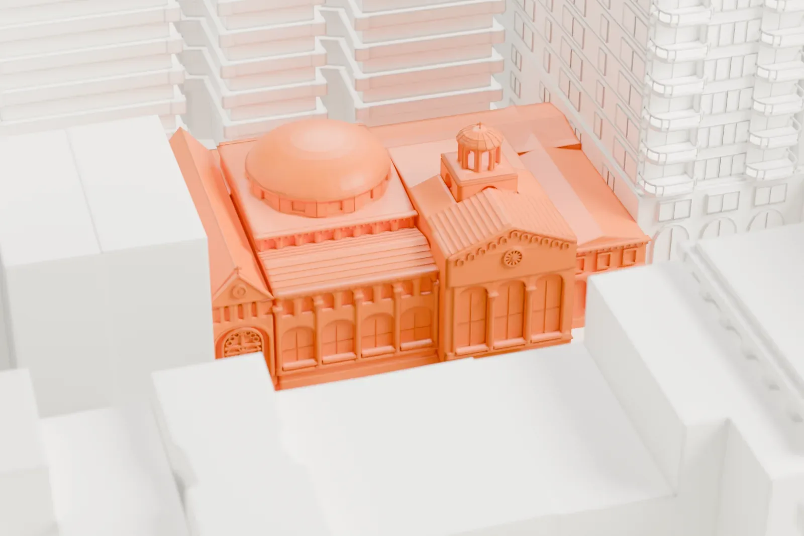 A white 3D print of the Archdiocesan Cathedral of the Holy Trinity, a low domed church with a small cupola, almost hidden between tall buildings.