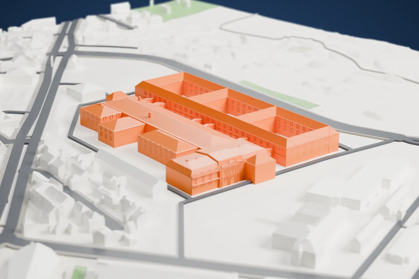 A white 3D print of the Archives Nationales at Pierrefitte-sur-Seine, with surrounding streets and buildings north of Paris.
