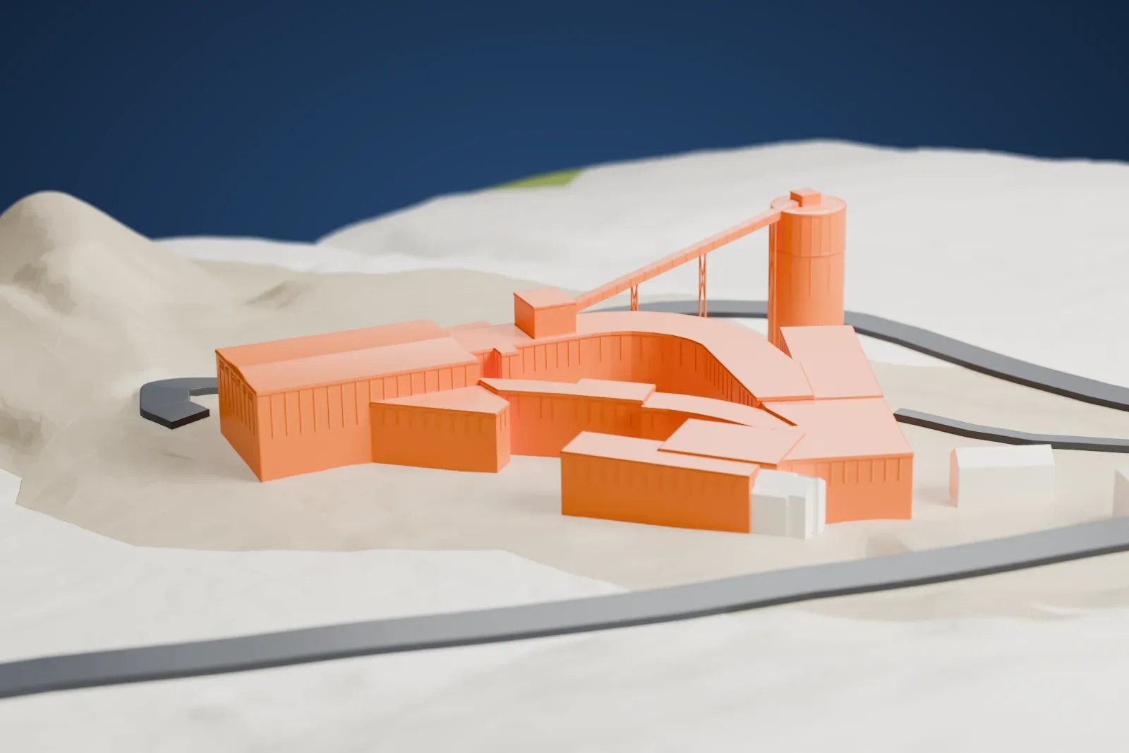 A white 3D print of the Arctic World Archive's surface complex, with a cylindrical silo, an inclined conveyor and low mine buildings on the ground in Svalbard.