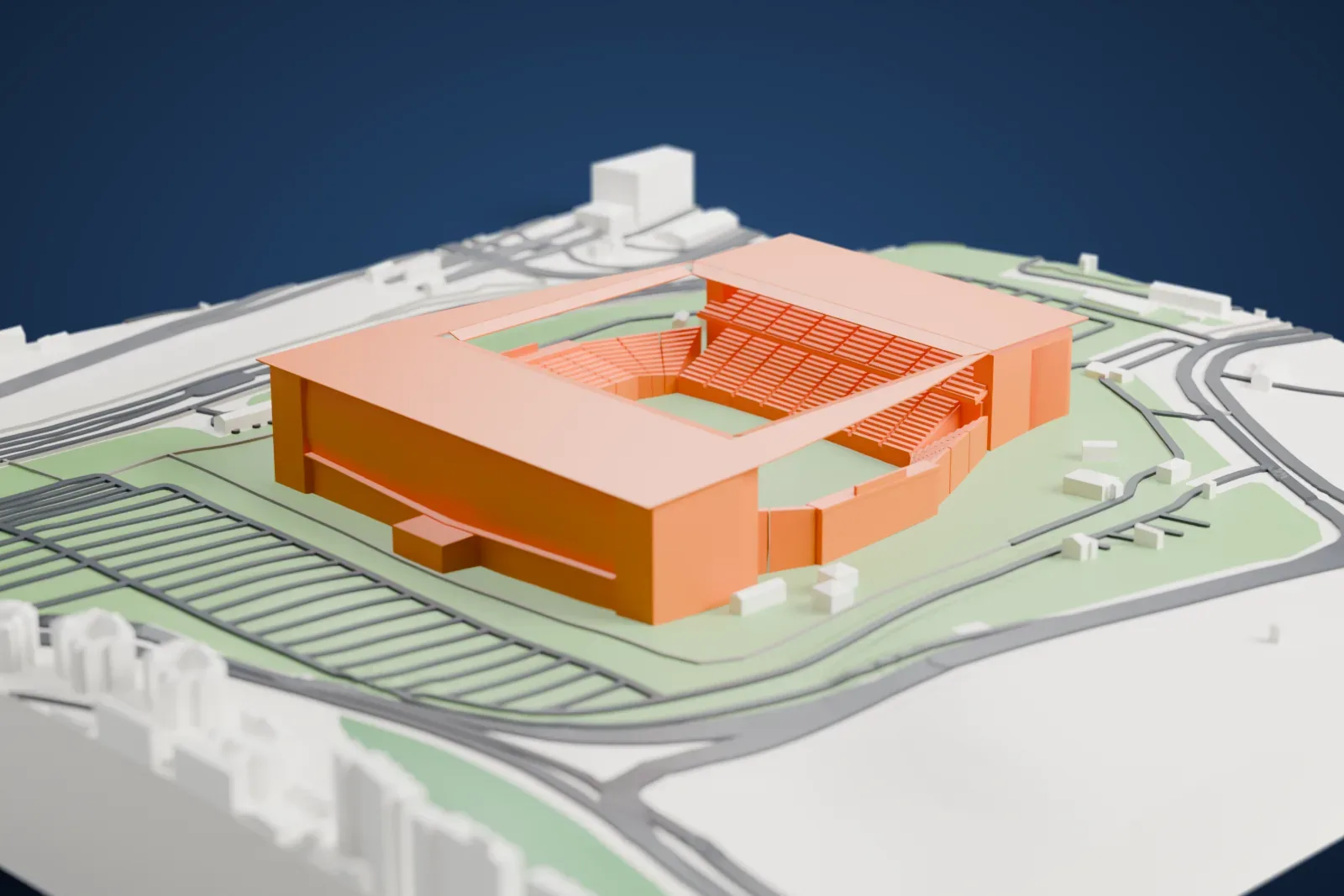 A white 3D print of Arena Corinthians, a rounded stadium bowl ringed by tiered stands, set among surrounding streets and city buildings.