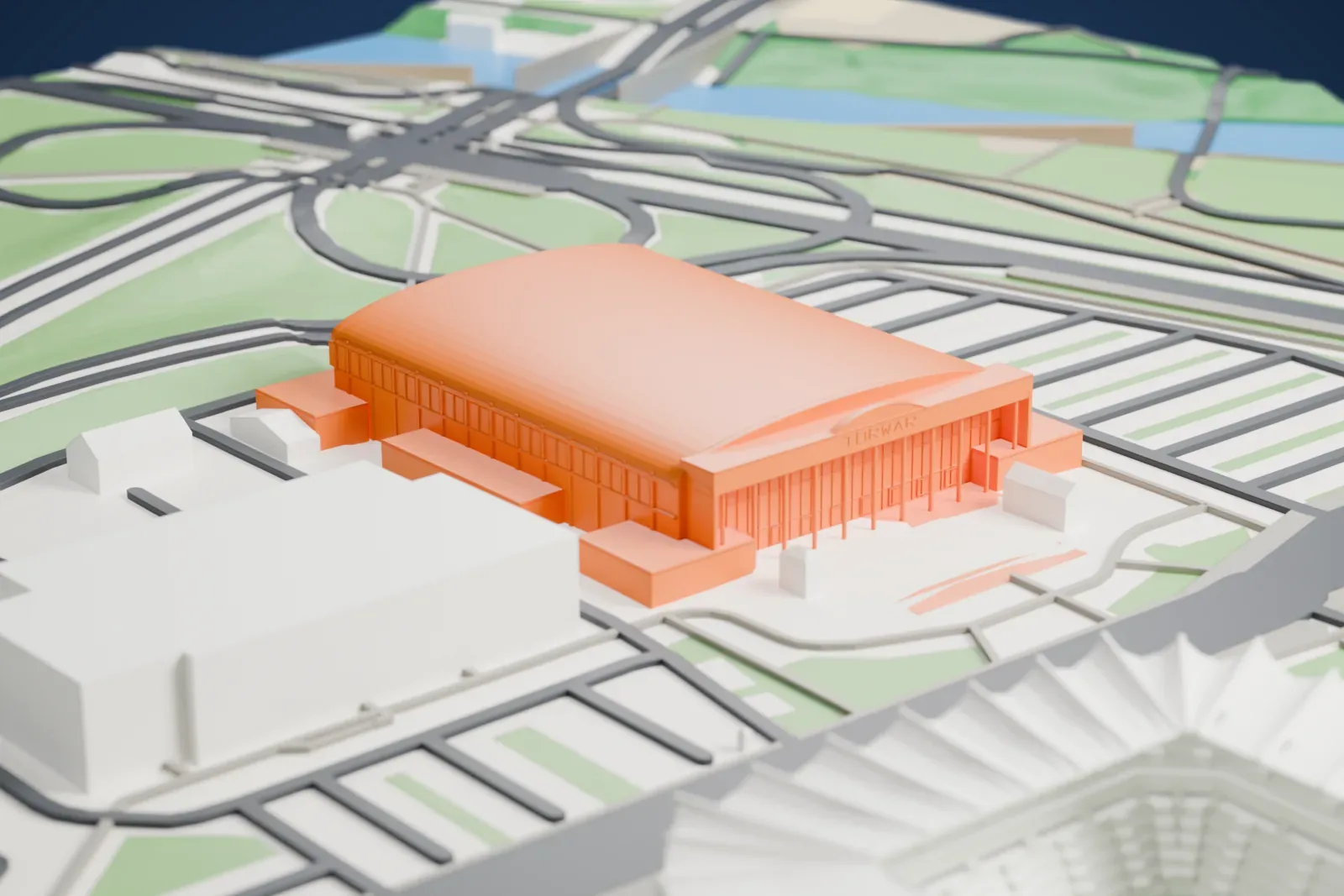 A white 3D print of the Arena COS Torwar in Warsaw, with surrounding streets and buildings.