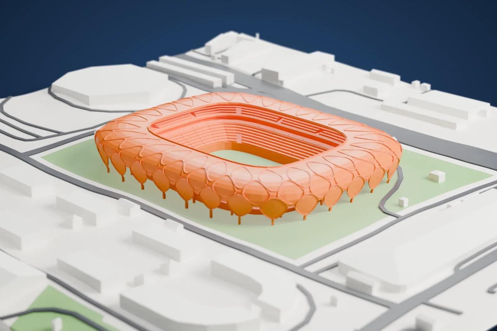 A white 3D print of Arena da Amazônia, an oval stadium whose shell is covered in petal-shaped cells, standing on green ground among roads and low buildings.