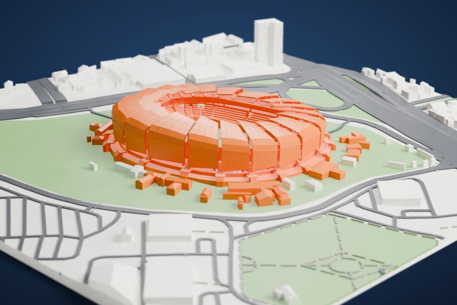 A white 3D print of Arena das Dunas, an oval stadium with a segmented roof ring, surrounded by green grounds, wide roads and small buildings.