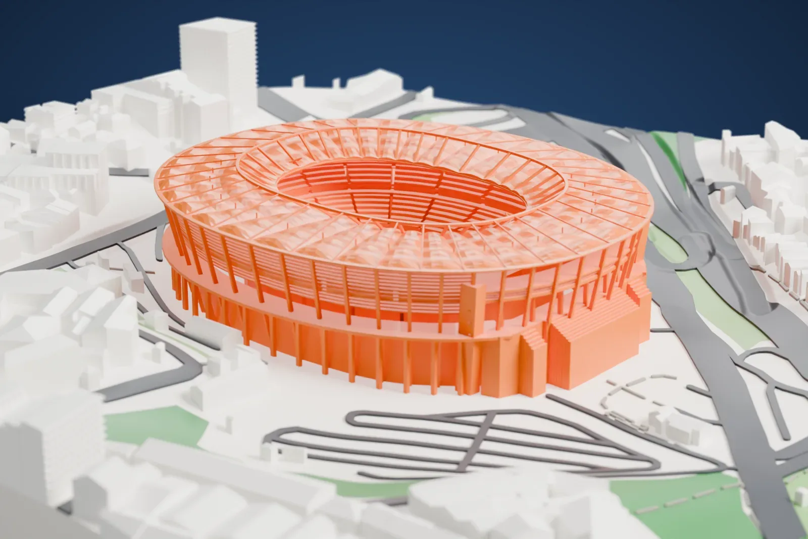 A white 3D print of Arena Fonte Nova, an oval stadium with a ring-shaped roof on slim pillars, surrounded by neighboring buildings and roads.