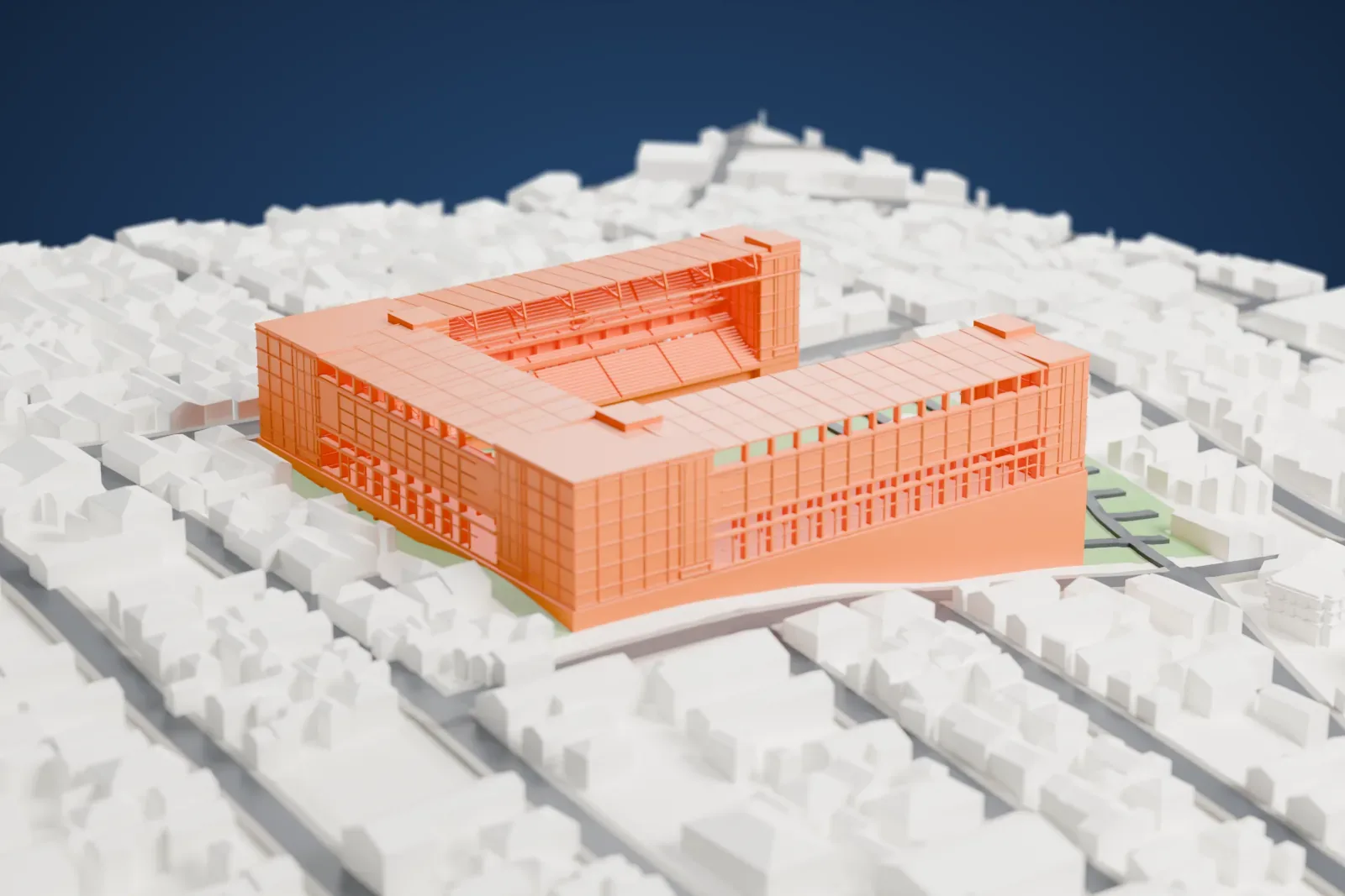 A white 3D print of Arena Independência, a three-sided stadium with an open end, in its Belo Horizonte surroundings.