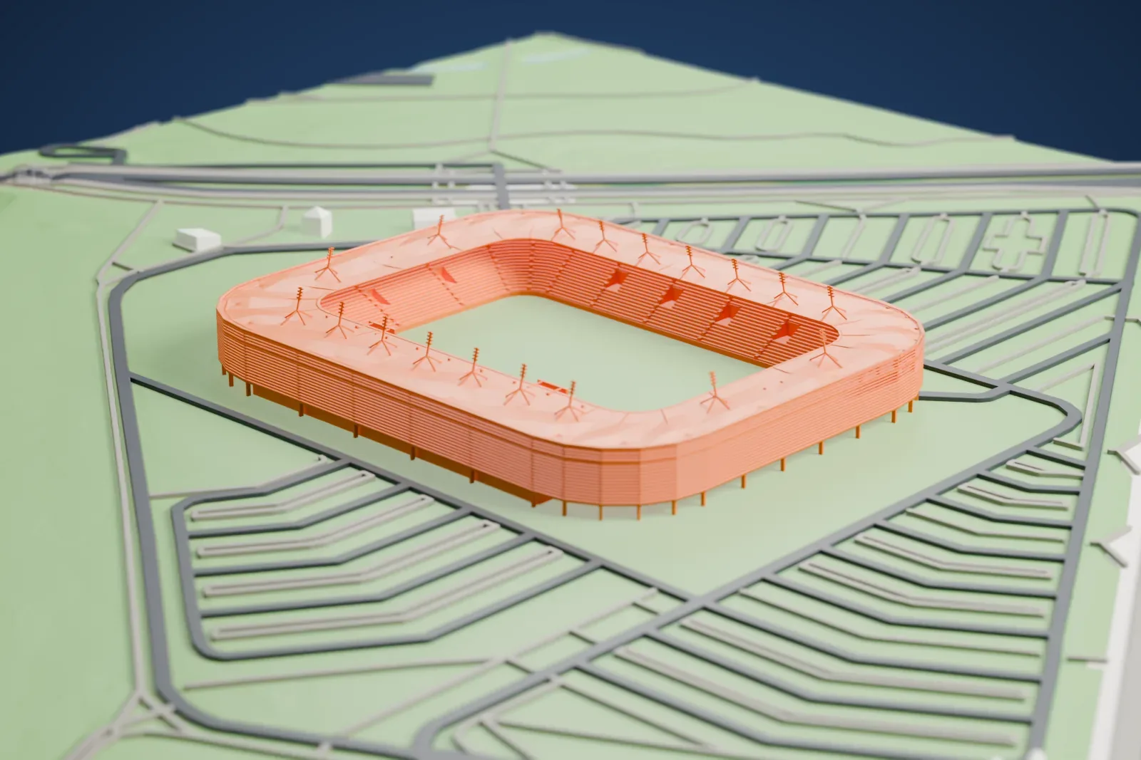 A white 3D print of Arena Lublin, a rounded stadium bowl with an open roof and rooftop floodlight masts, set among surrounding streets and buildings.
