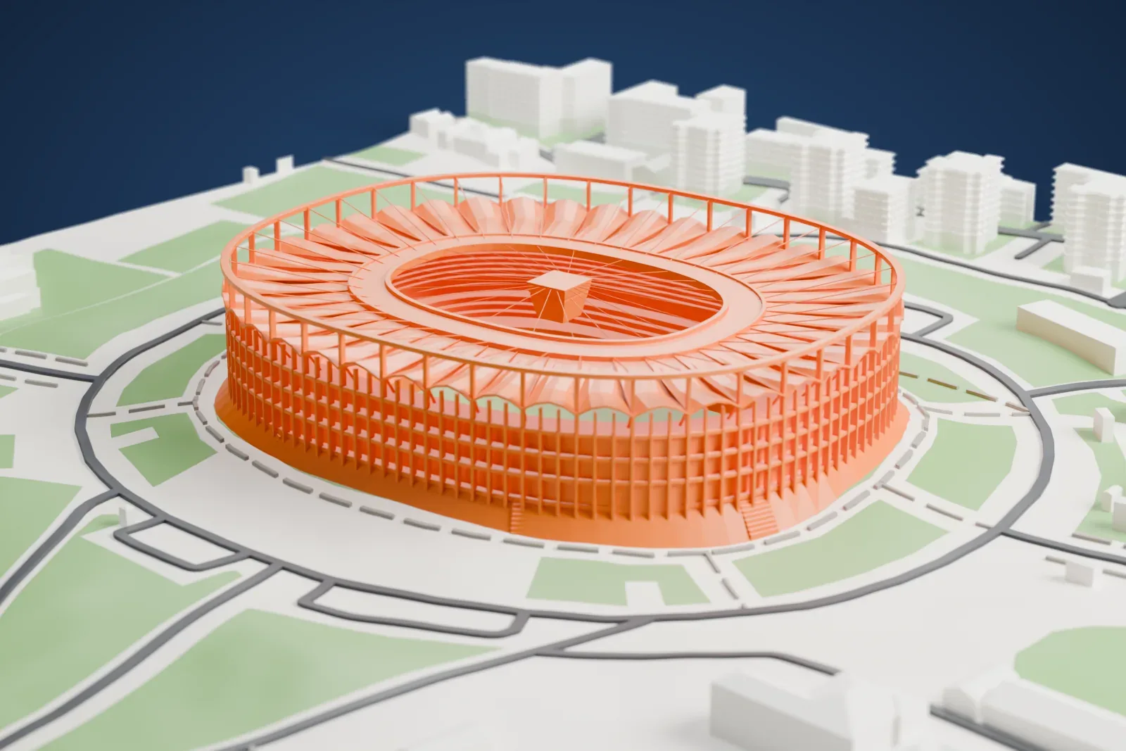A white 3D print of Arena Națională, a round stadium ringed with slim columns and a roof of thin radial ribs around a central opening, set among green lawns and a looping road.