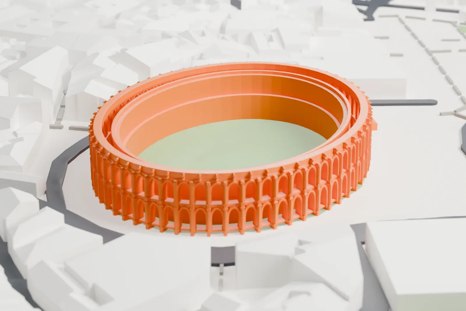 A white 3D print of the Arena of Nîmes, an oval Roman amphitheater with two rows of arches around its outer wall and a flat floor, surrounded by dense city buildings and an open plaza.