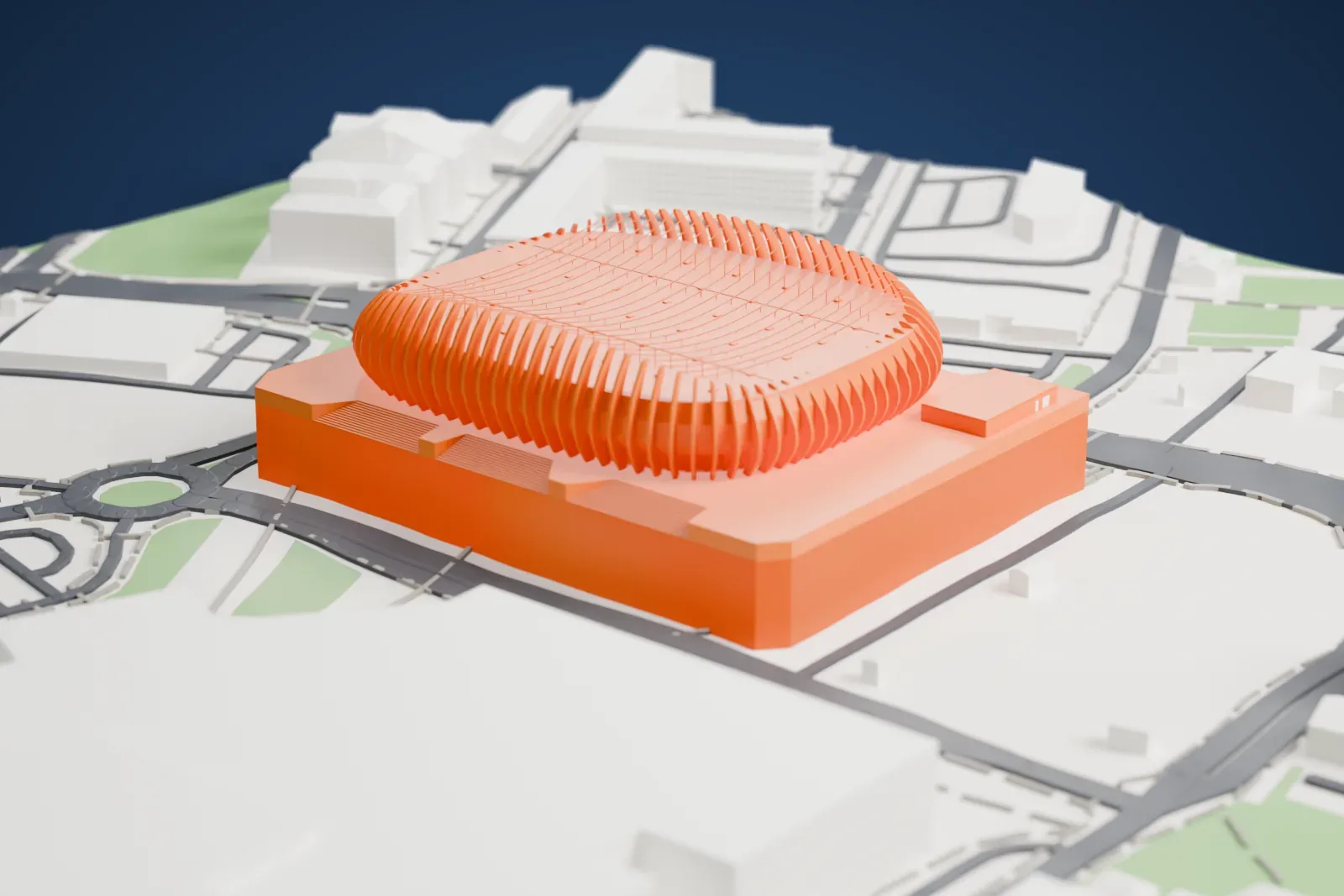 A white 3D print of Arena Zagreb, an oval ribbed arena sitting on a wide base, surrounded by roads, roundabouts and low buildings.