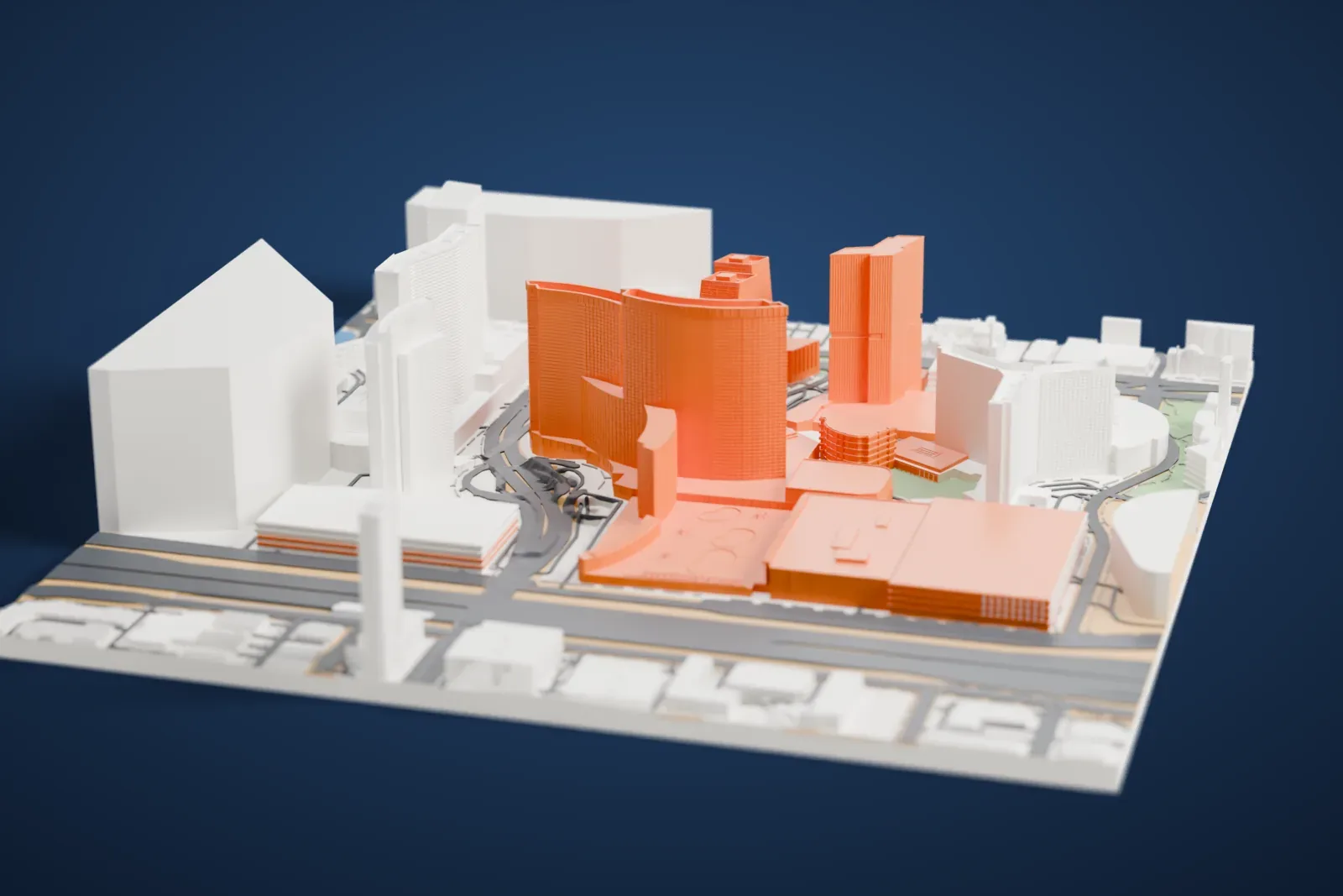A white 3D print of Aria Resort and Casino, with its curved glass towers rising from a low podium beside a wide road and neighboring towers.