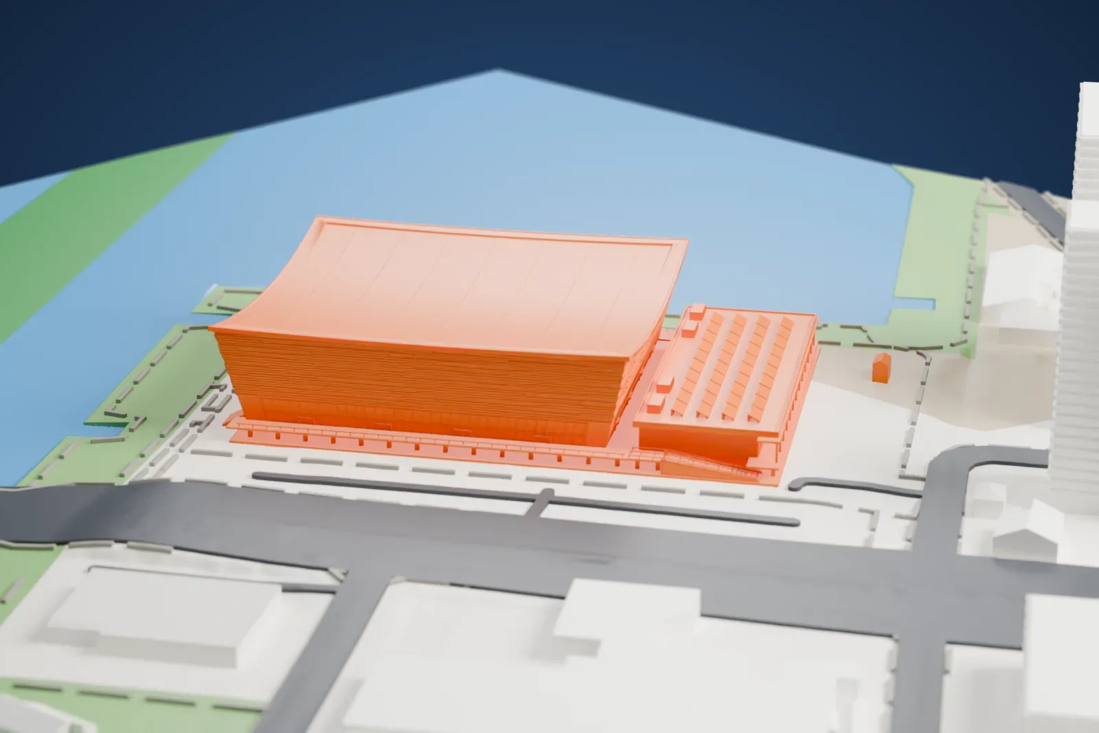 A white 3D print of Ariake Arena, a large arena with a sweeping curved roof and layered walls, beside the water with towers and roads nearby.