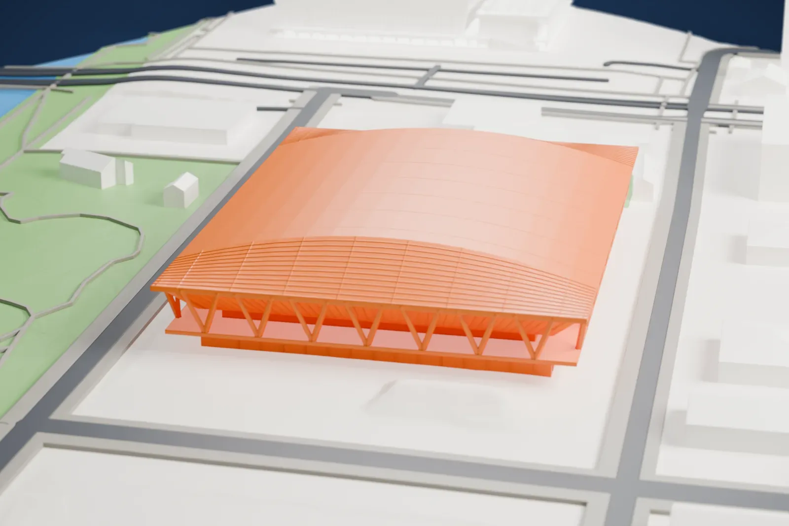 A white 3D print of the Ariake Gymnastics Centre, an arena building standing among surrounding streets and other buildings.