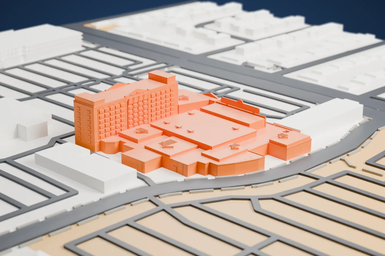 A white 3D print of Arizona Charlie's Decatur, a long hotel block with arched windows beside lower casino wings with small rooftop details, among streets and low houses.