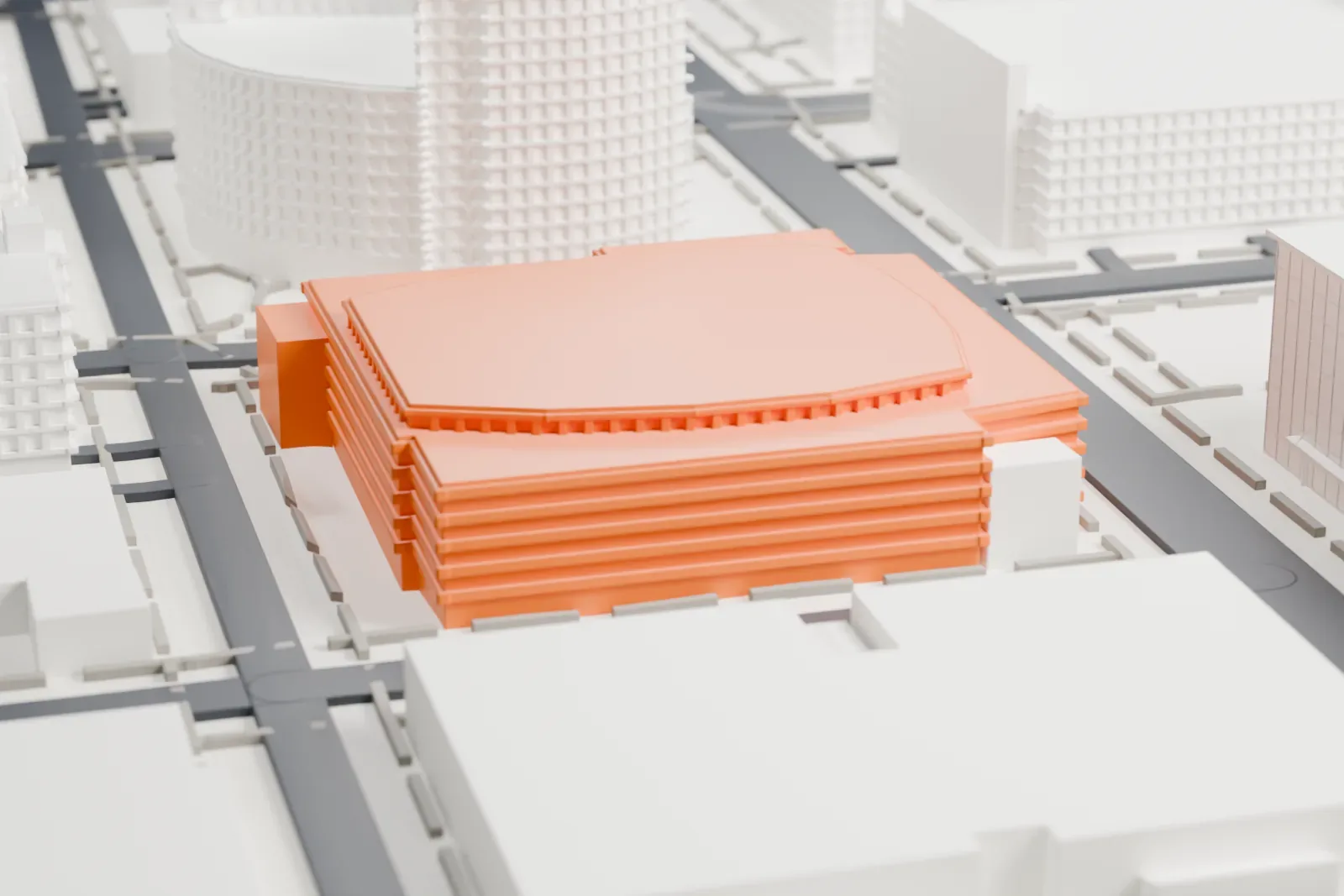 A white 3D print of the Arizona Financial Theatre, a wide building with a faceted roof, set among downtown streets and nearby towers.