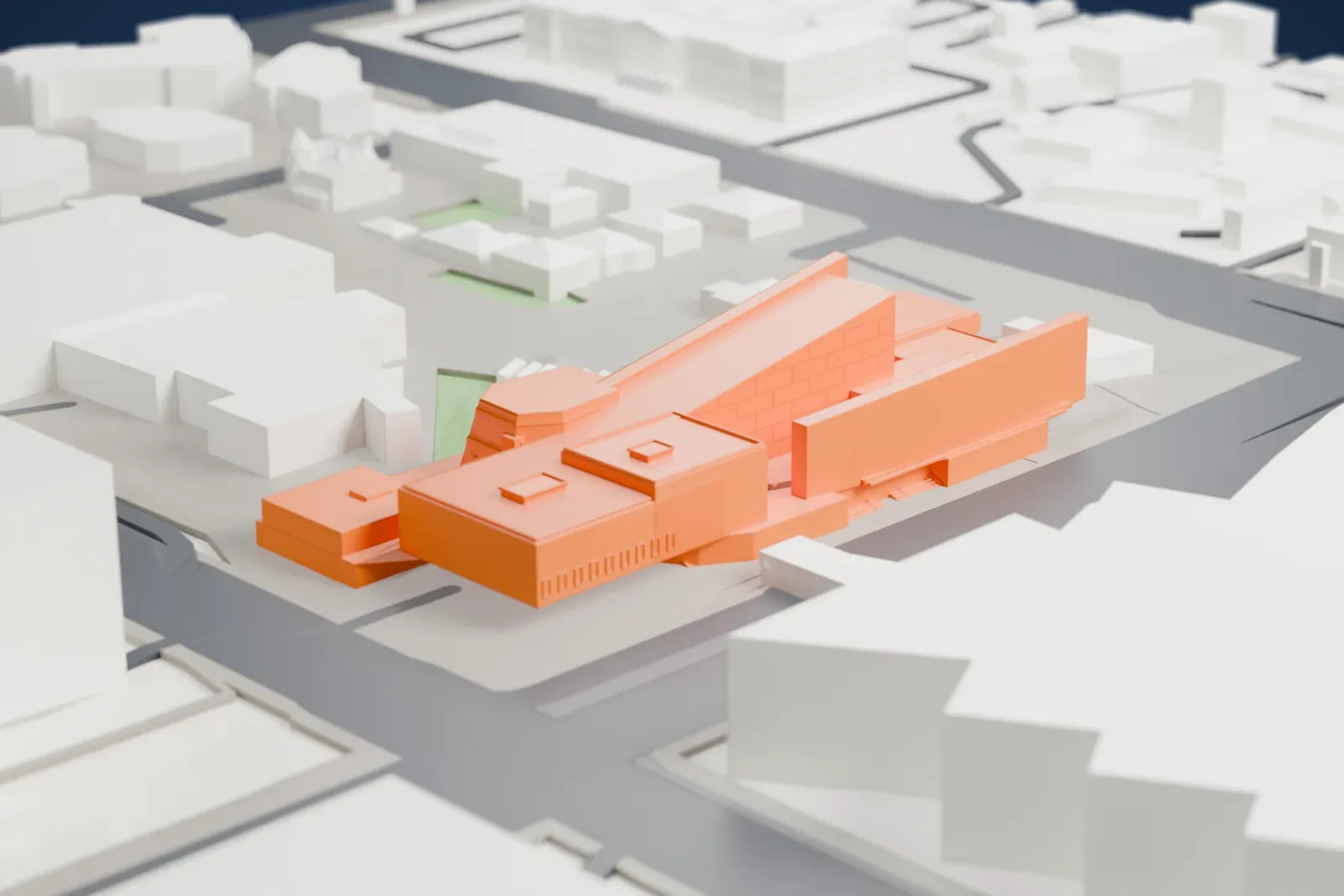 A white 3D print of Arizona Science Center, a low museum building of angled, sloping roof planes and blocky wings with small roof boxes, set among city streets and larger buildings.