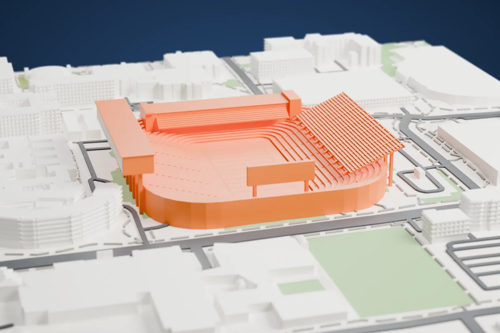 A white 3D print of Arizona Stadium, a horseshoe-shaped stadium with many curved seating tiers and a tall press box on one side, surrounded by large buildings and streets.