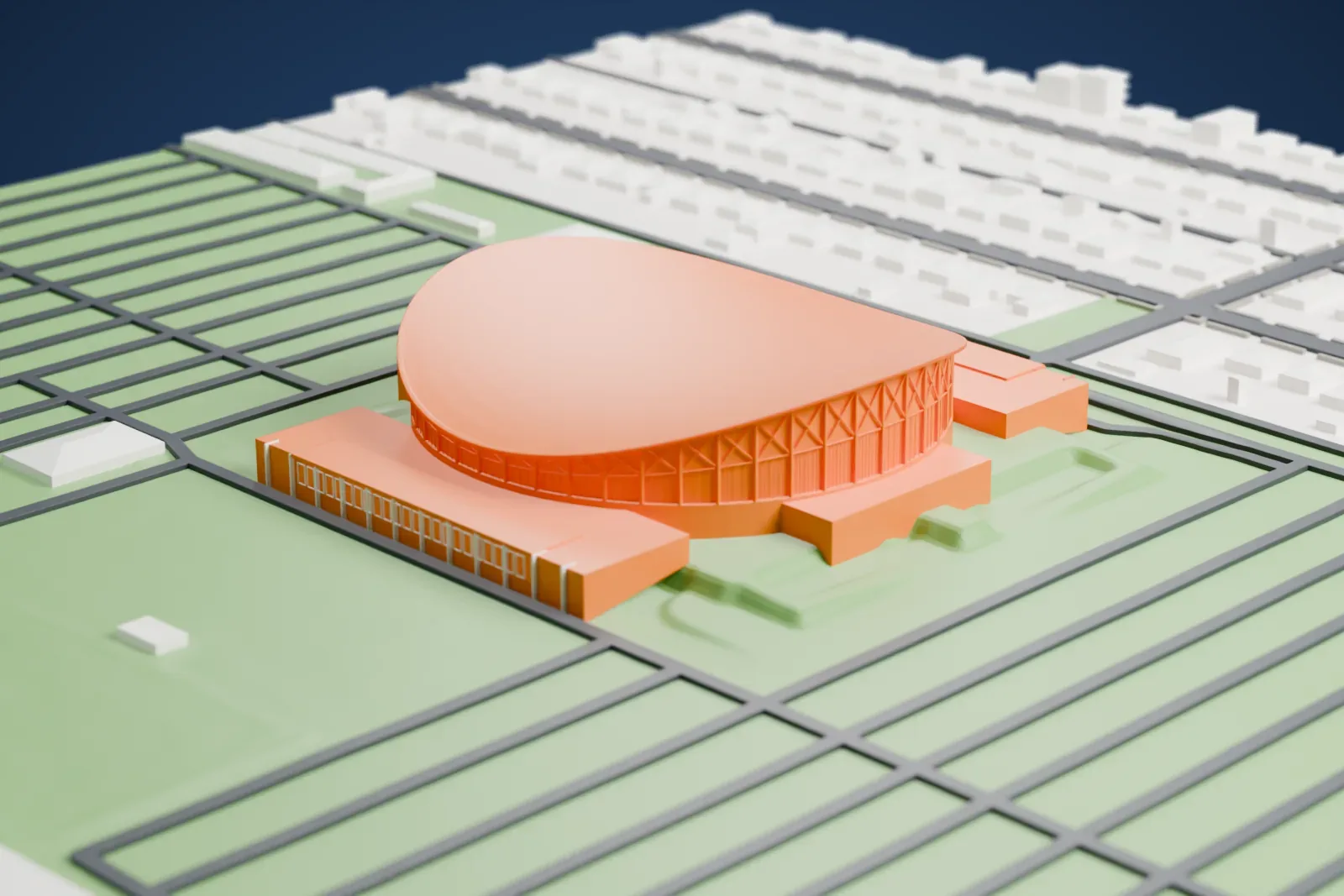 A white 3D print of the Arizona Veterans Memorial Coliseum, a domed saddle-roofed arena with low side wings, among streets and low buildings.