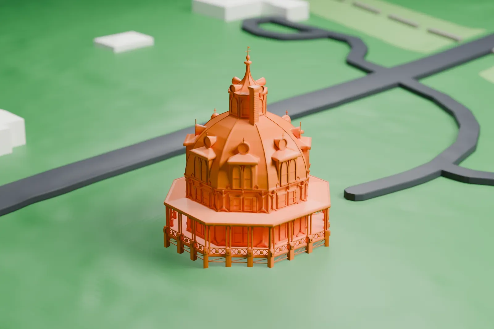 A white 3D print of the Armour–Stiner House, a domed octagonal house with a lantern and finial on top and a veranda around its base, standing on open green grounds.