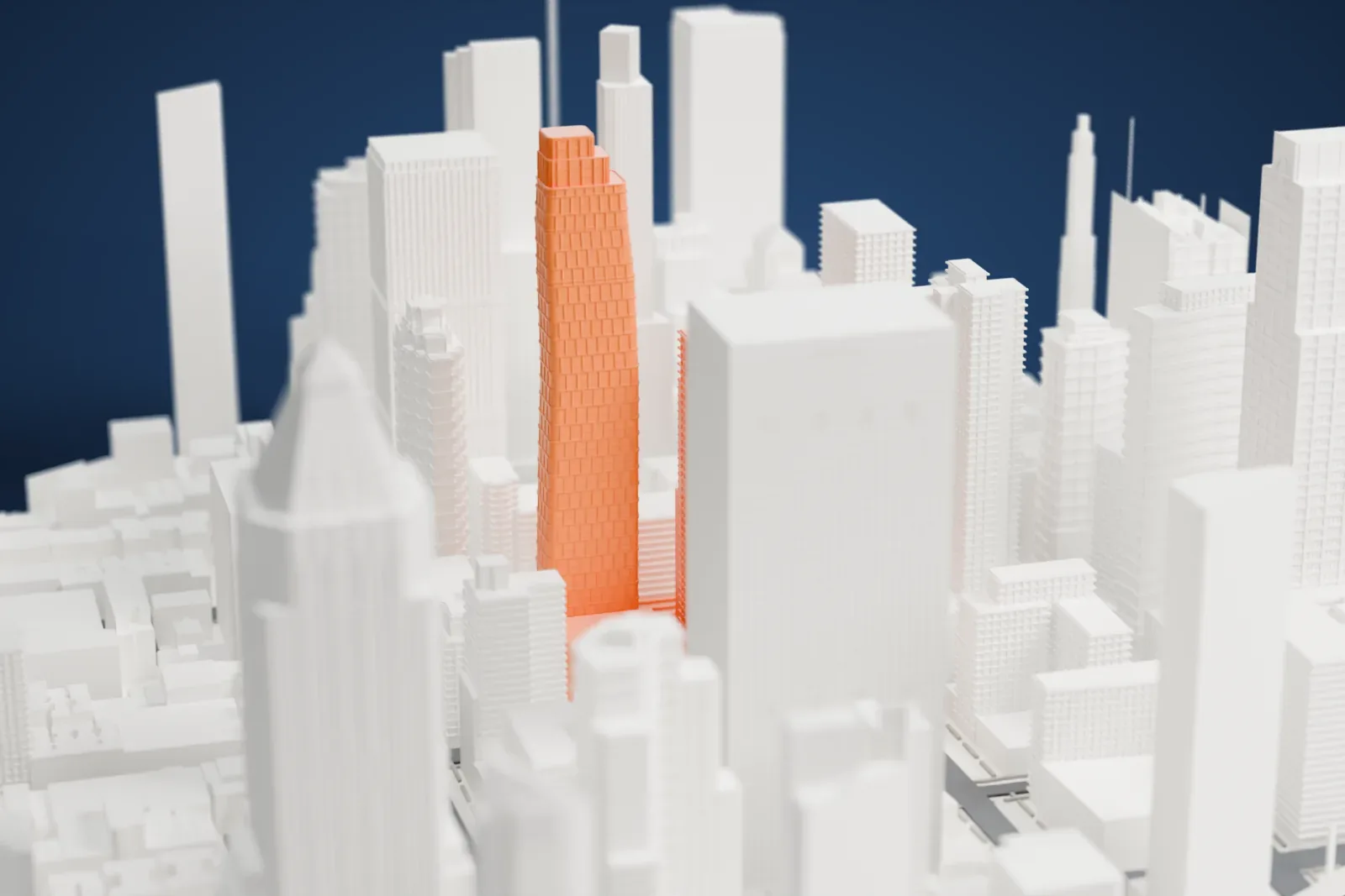 A white 3D print of ARO, a slender tower with a stepped top and an offset-block pattern on its sides, rising among many other tall Midtown buildings.