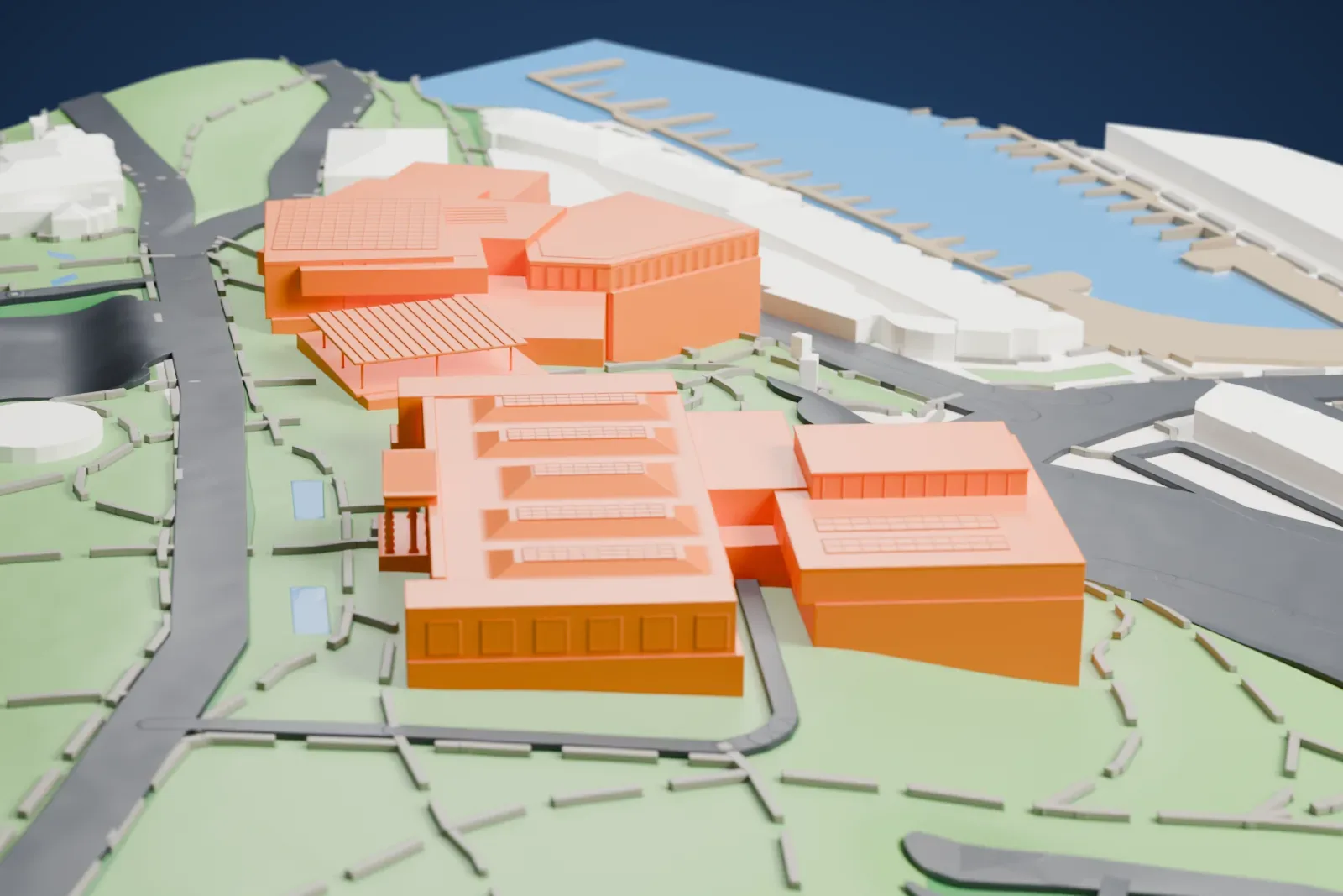 A white 3D print of the Art Gallery of New South Wales showing low building groups surrounded by parkland, roads, nearby buildings, and waterfront.