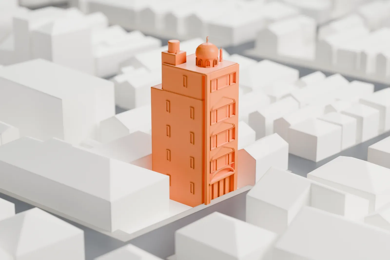 A white 3D print of the Asakusa Mosque, a mosque building among surrounding city streets and buildings.
